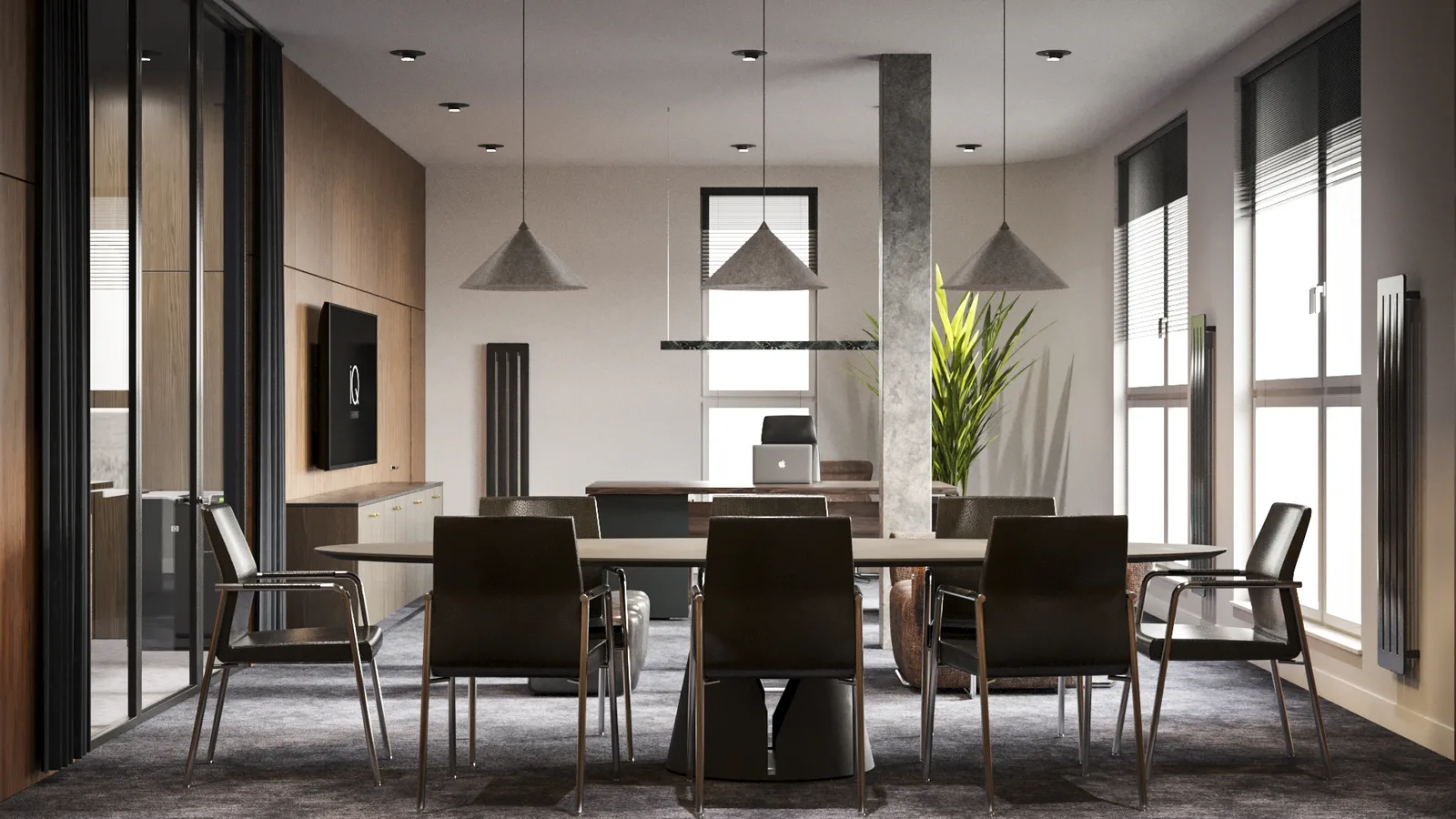 Hero: executive office full wide render with walnut bookcase wall and LED-backlit shelves, three grey Loftlight conical pendants, oval conference table with ten chairs, and terracotta IKER BOXX sofa
