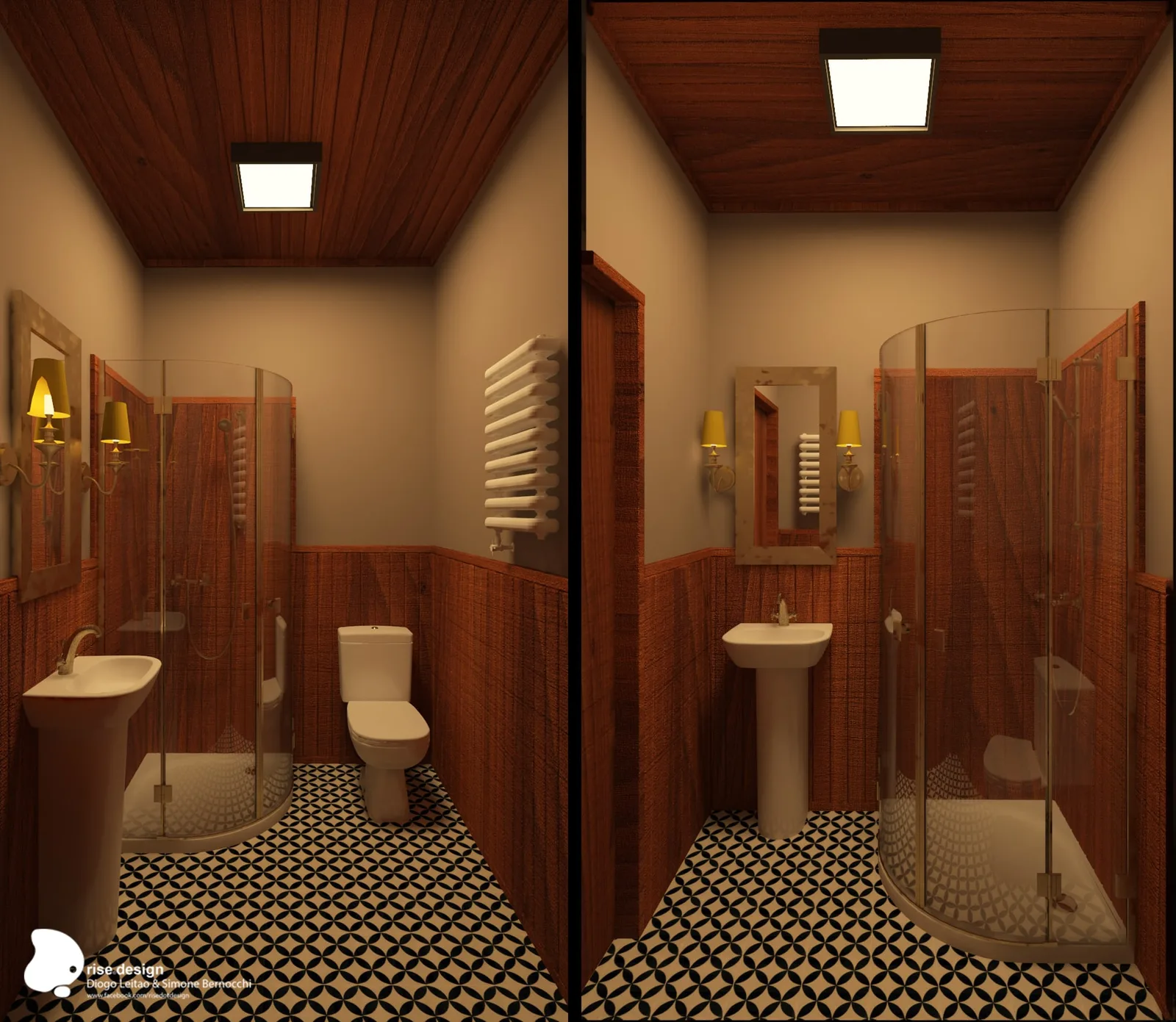 Detail: two bathroom perspectives showing wooden wainscoting, pedestal sinks, wall-mounted fixtures, geometric black and white floor tiles, glass shower enclosures, and warm lighting