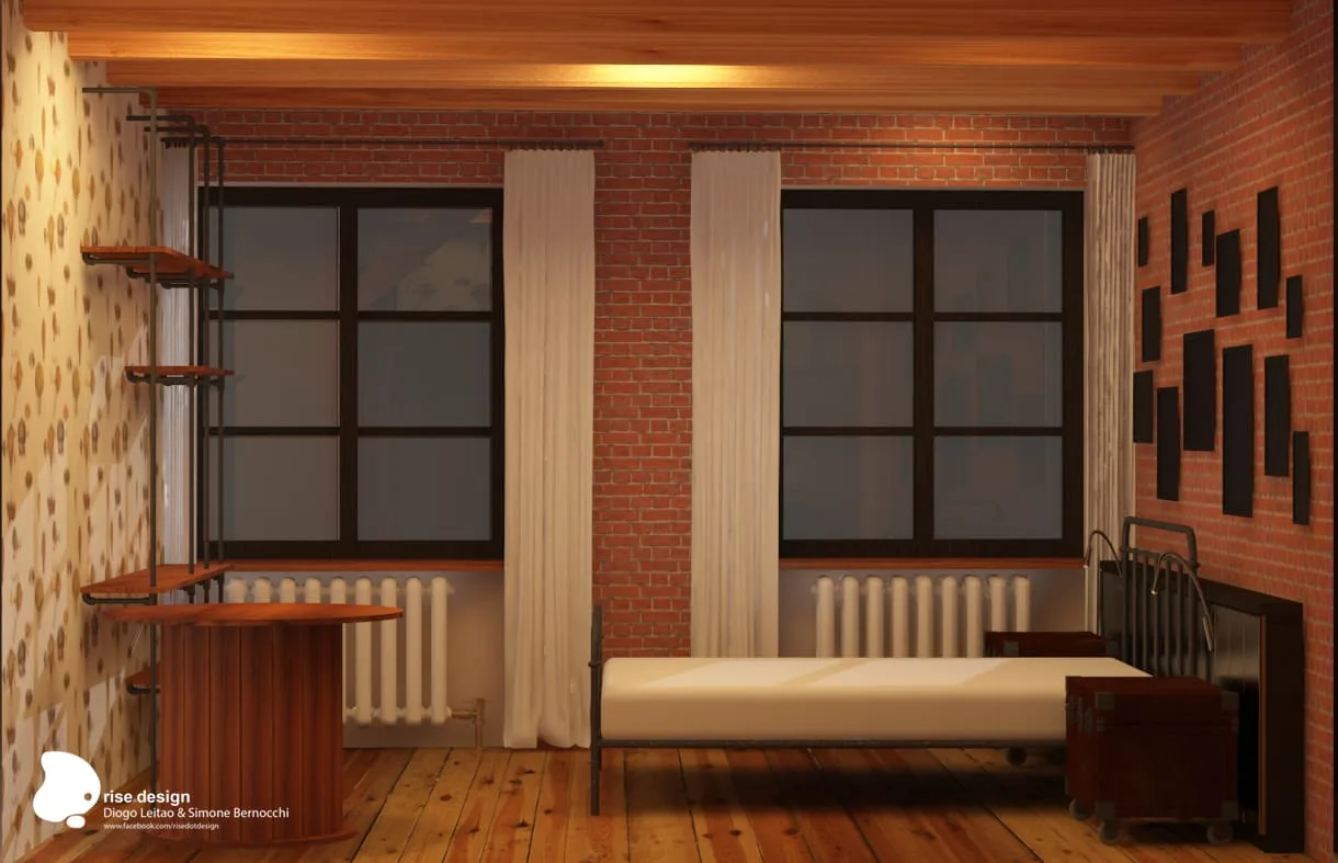 Detail: apartment bedroom showing bed frame, multi-pane windows with dark frames, patterned wallpaper, built-in shelving on right, wooden flooring, and minimalist furniture