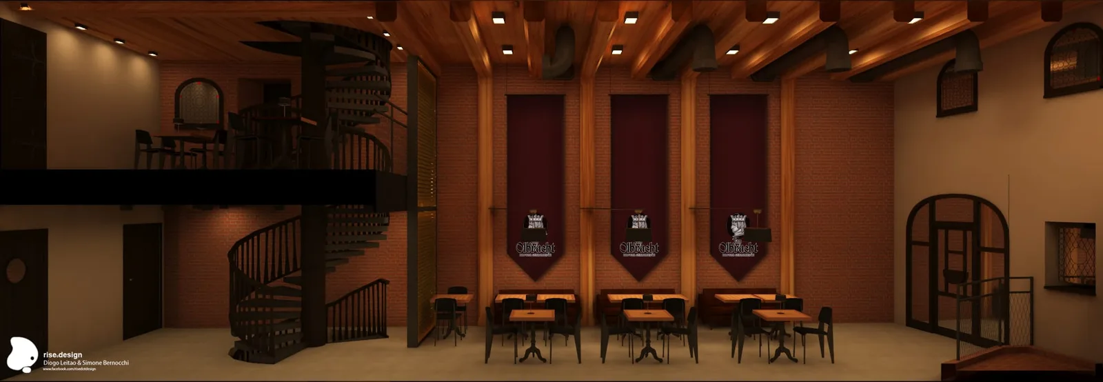 Interior: wide panoramic view of main dining hall showing two-storey space with wooden beams, mezzanine with railings, ambient wall lighting, and arched architectural features