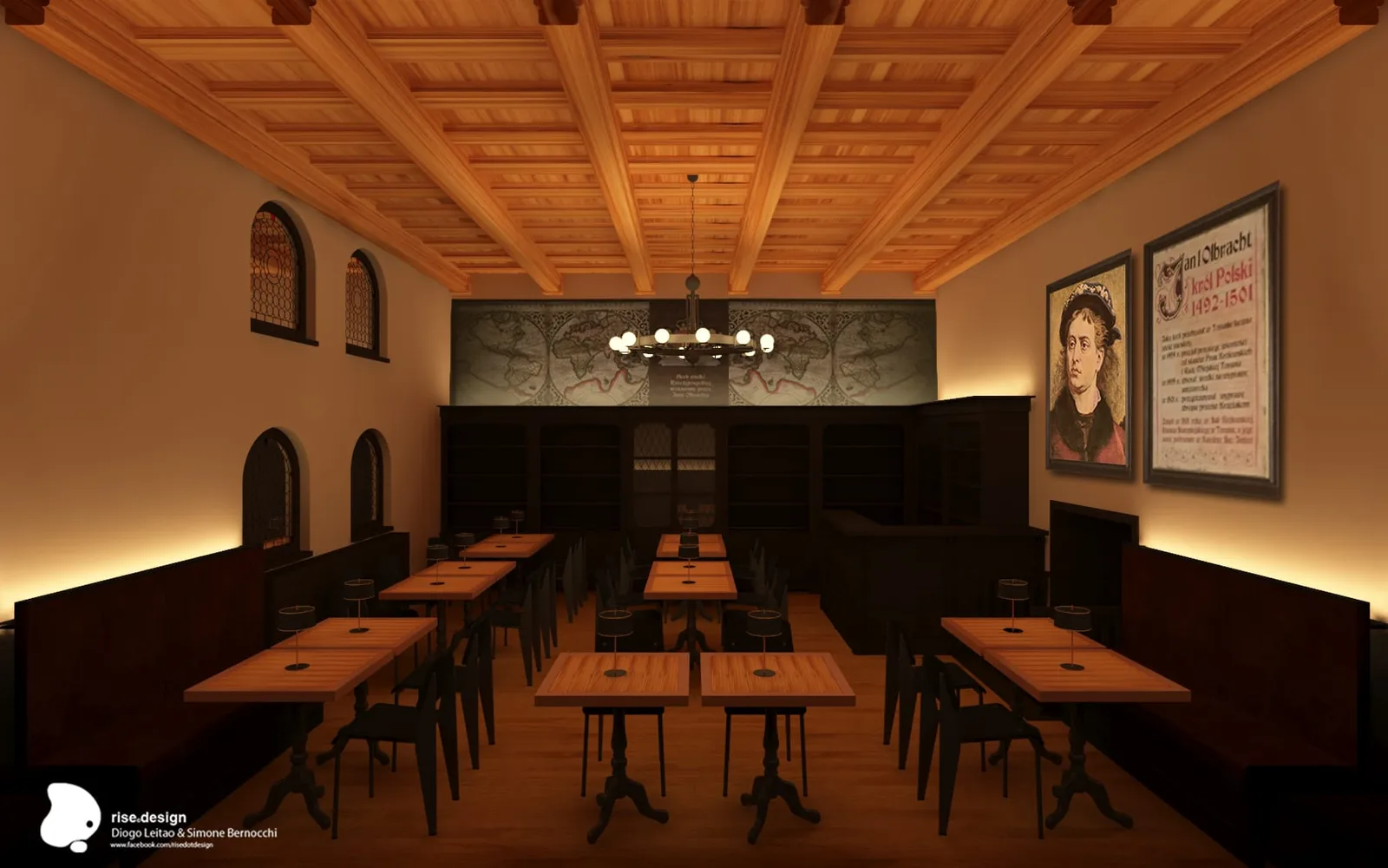 Interior: Royal Room with dramatic coffered panelled wooden ceiling, wall-mounted golden sconces, dining tables, arched wall niches, and framed artwork creating intimate atmosphere