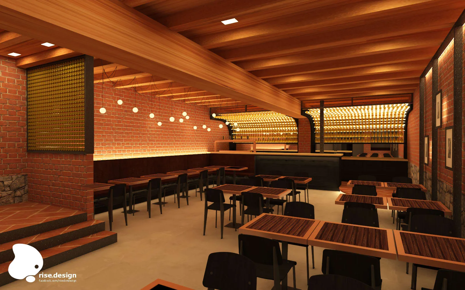 Interior: bar and service area with dramatic overhead structural beams, red brick walls, golden amber lighting accents, tables, and modern industrial aesthetic with warm materials