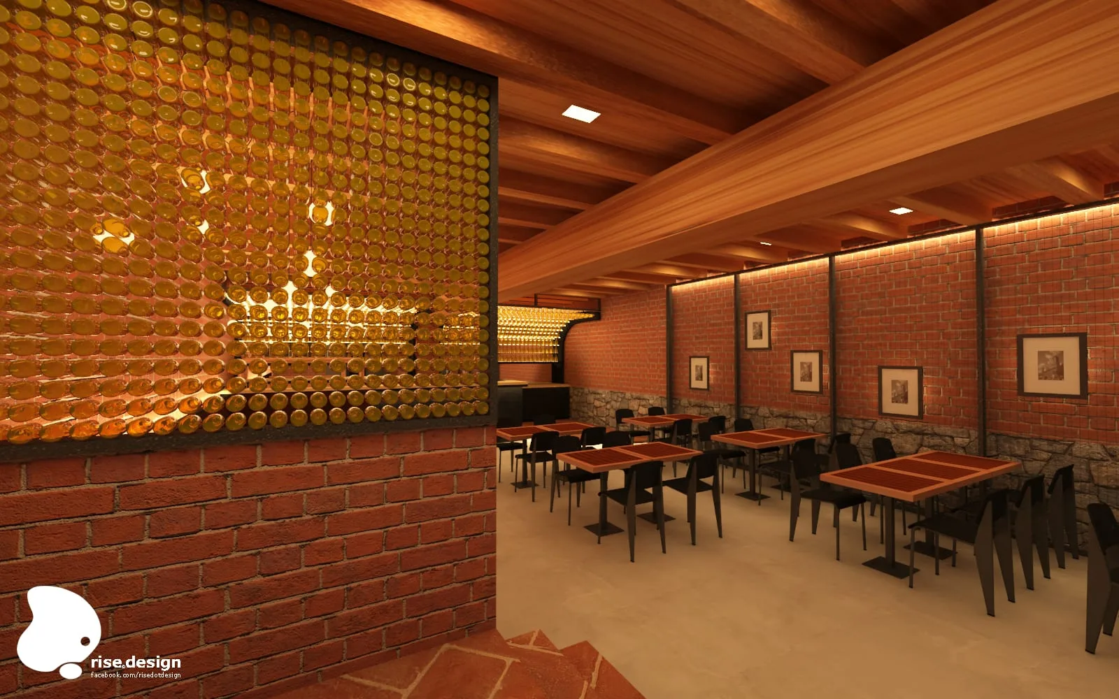 Interior: seating area with prominent golden brass textured wall panel as visual focal point, dining tables, wood ceiling, red brick walls, pendant lighting, and framed artwork