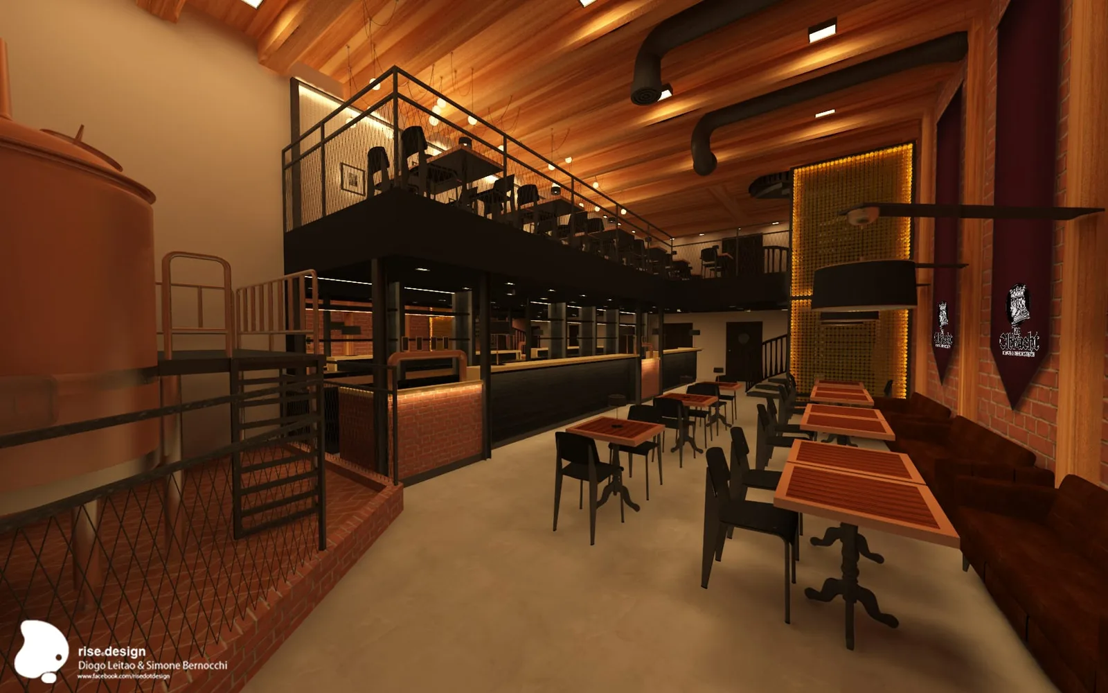 Interior: main restaurant space with multi-level dining area, wood ceiling beams, warm golden lighting, open kitchen with black architectural elements, stairs, and metal railings