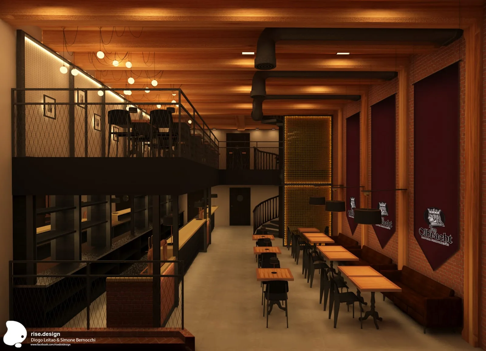 Interior: restaurant from mezzanine angle showing prominent wooden ceiling structure, pendant lights, dramatic lighting effects, stairs with railings, and seating arrangements