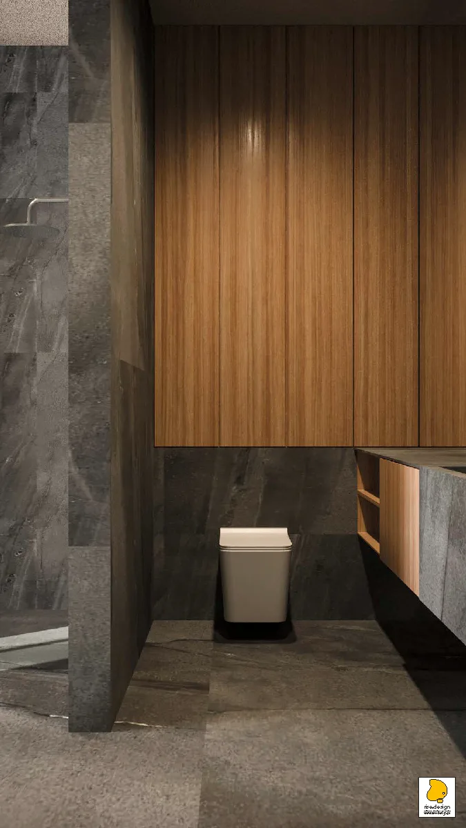 Detail: bathroom mirror render with natural stone surround, warm cove lighting, and spa-like material detailing