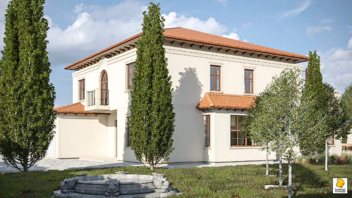 Gallery: main house front facade render with Mediterranean cypress trees, terracotta ceramic roof tiles, warm beige silicone render, arched ground-floor windows, and formal entrance approach drive