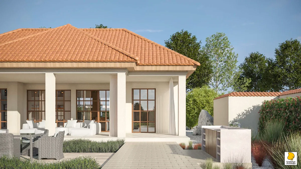 Gallery: exterior front colonnade approach render with terracotta roof, classical columns, and Mediterranean estate landscaping