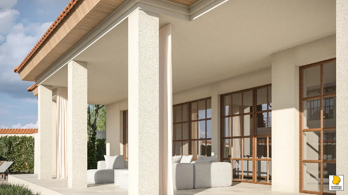 Gallery: colonnade detail render with interior visible through windows, classical column rhythm, and warm evening lighting
