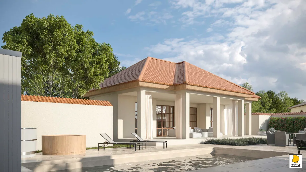 Hero: pool house living room render with dramatic double-sided linear marble fireplace, exposed timber king-post roof trusses, cathedral ceiling, and contemporary furniture on natural stone floor
