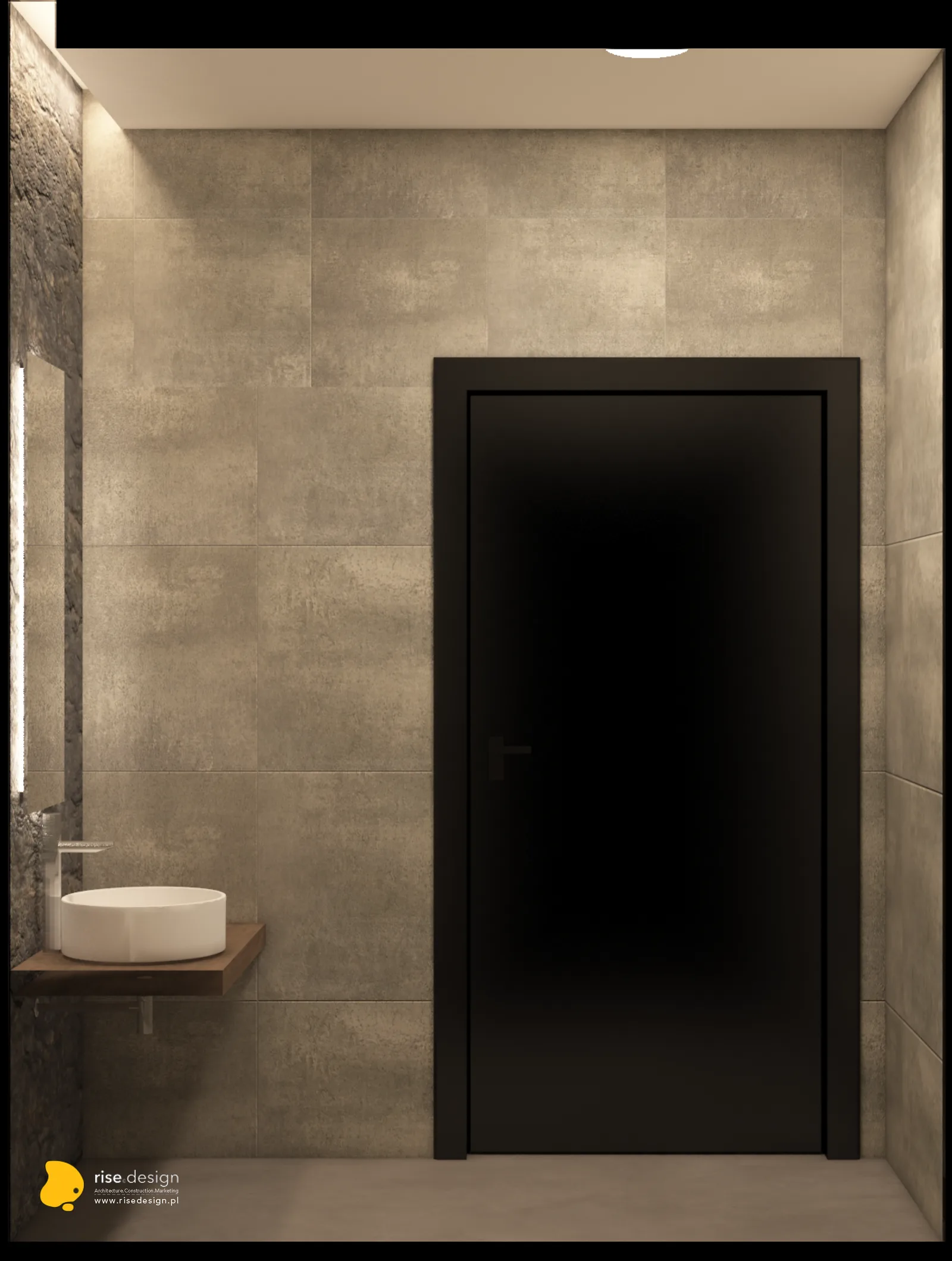 Detail: design render showing partition system details with Komandor glazed sliding walls and steel-framed glass elements