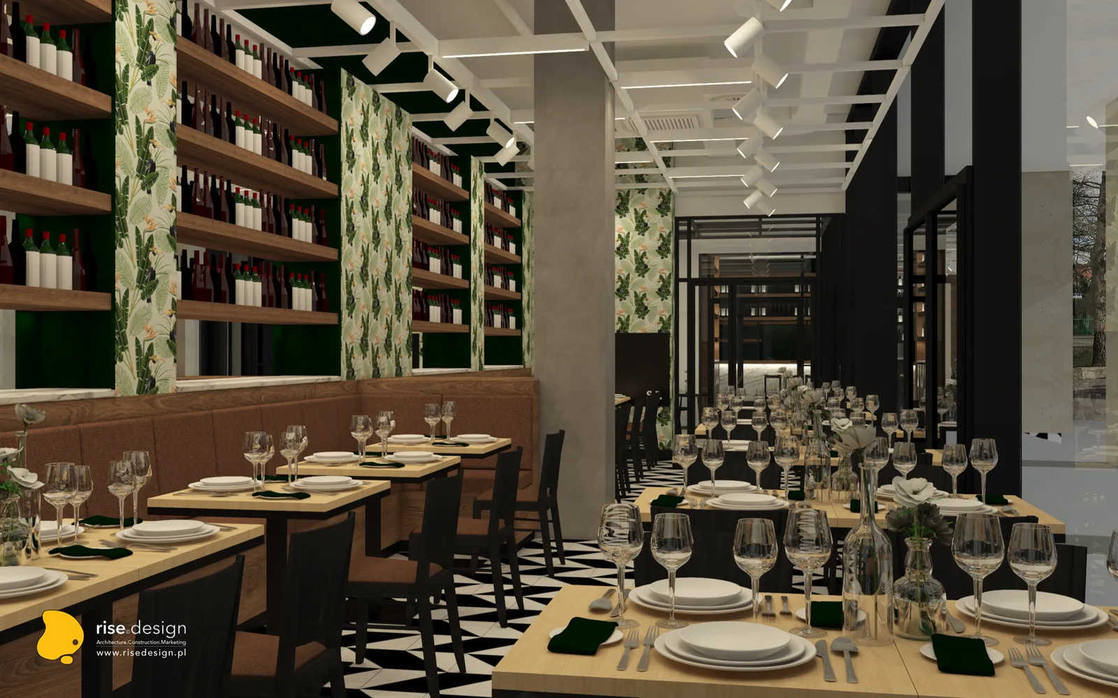 Interior: restaurant banquet atmosphere render with upholstered banquettes, tropical leaf wallpaper with toucans, Cognac Oak wine shelving wall, formal table settings, and black-and-white chevron floor