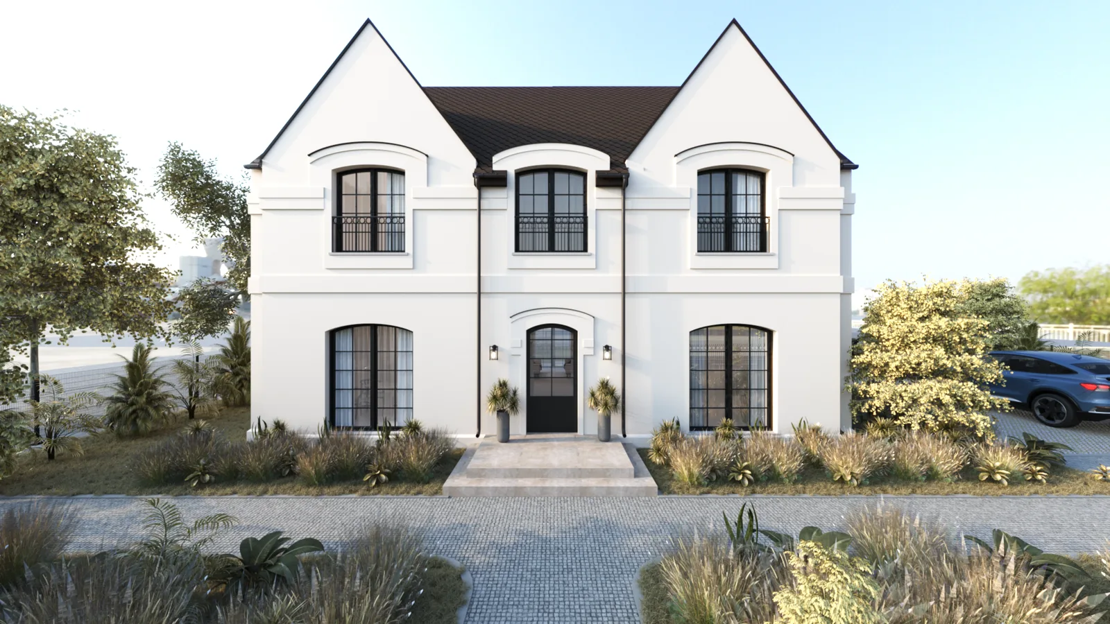 Exterior: Version 2 white and warm wood concept showing all white render facades, natural oak window frames, timber pergola with vertical slat screen, and wooden sunken lounge with white cushions