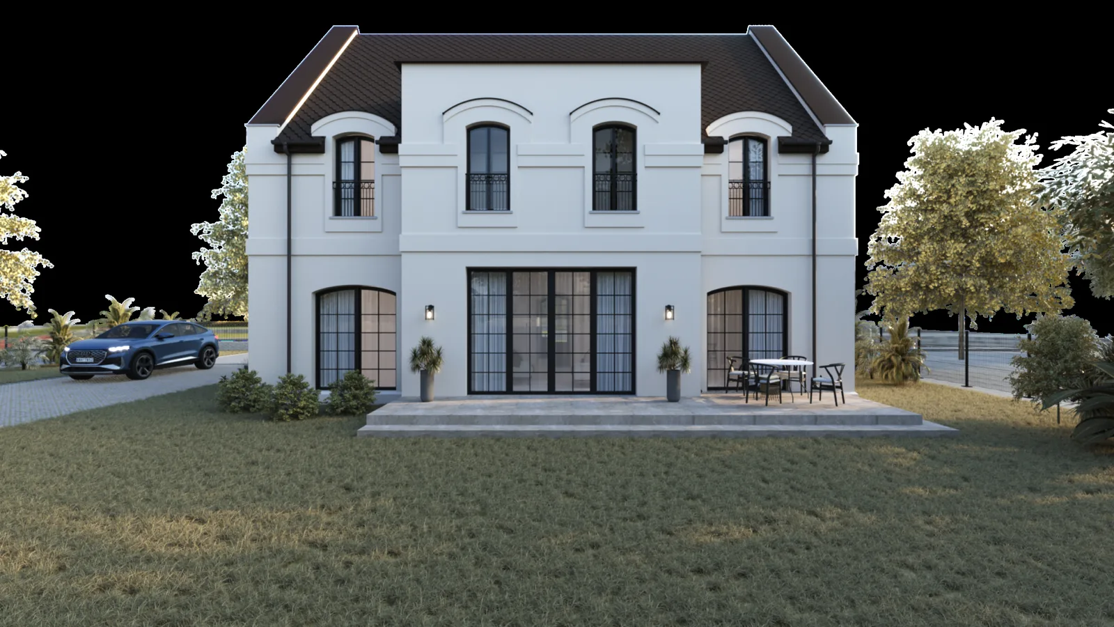 Exterior: Version 3 hybrid brick and white concept showing light grey brick accent on ground floor corners and dormers with white render primary, and naturalistic ornamental grass landscaping
