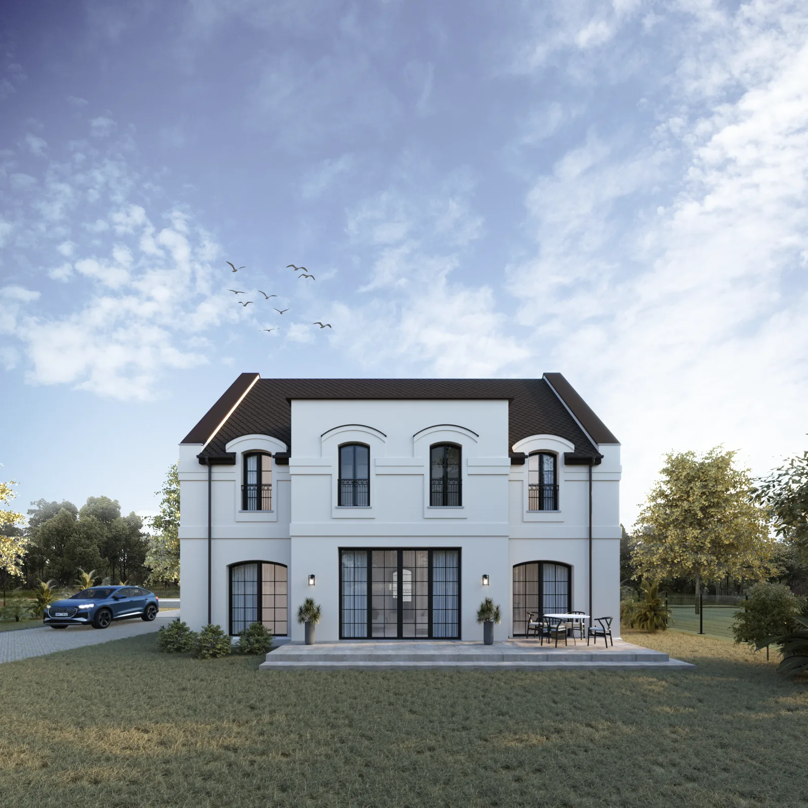 Exterior: rear garden elevation render showing full back facade with central glazed doors to terrace, arched windows flanking, four curved-roof dormers, outdoor dining on terrace, and classical symmetry