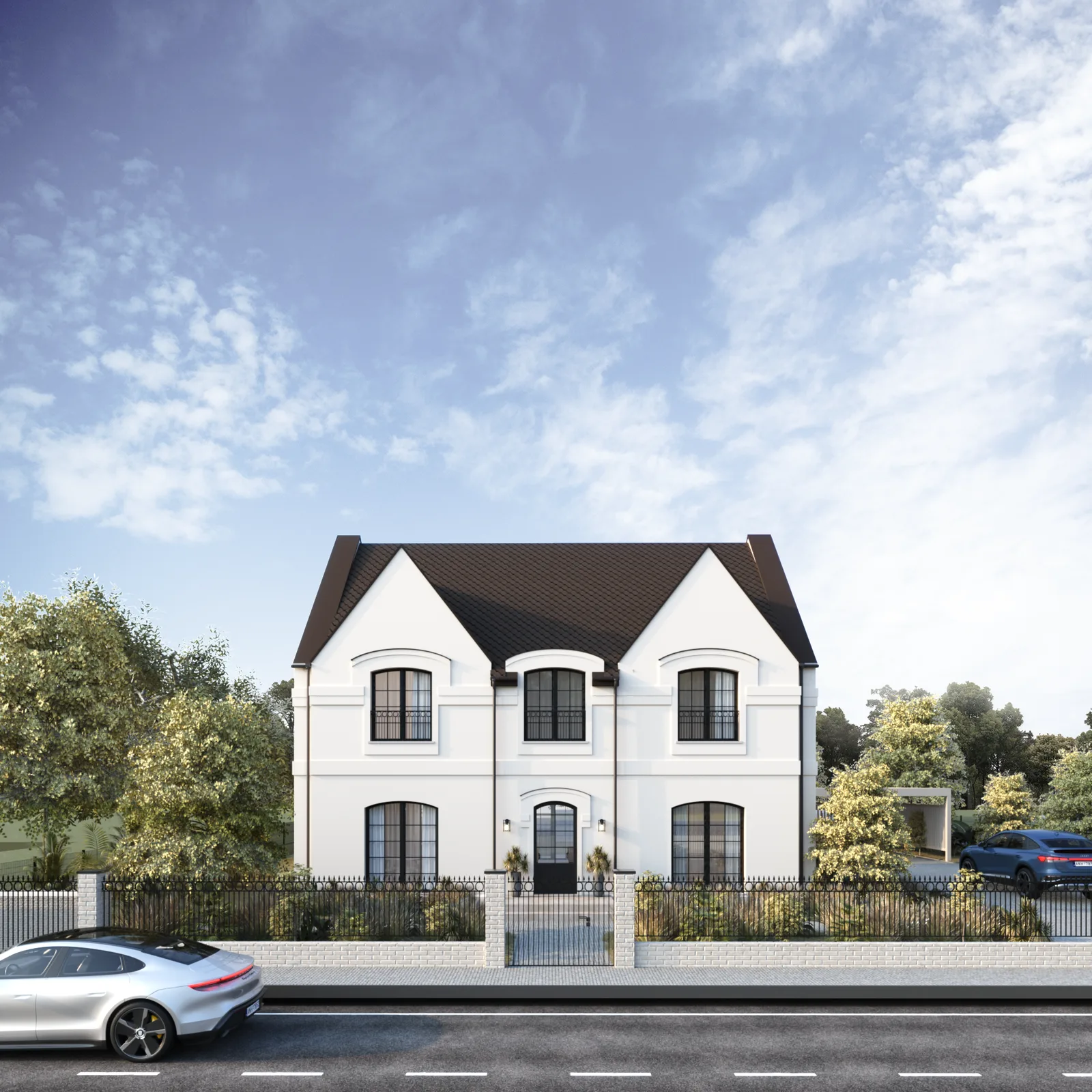 Exterior: front street view render with formal symmetrical facade, white silicone plaster, graphite hip roof, wrought-iron fence with white masonry pillars, and suburban road context