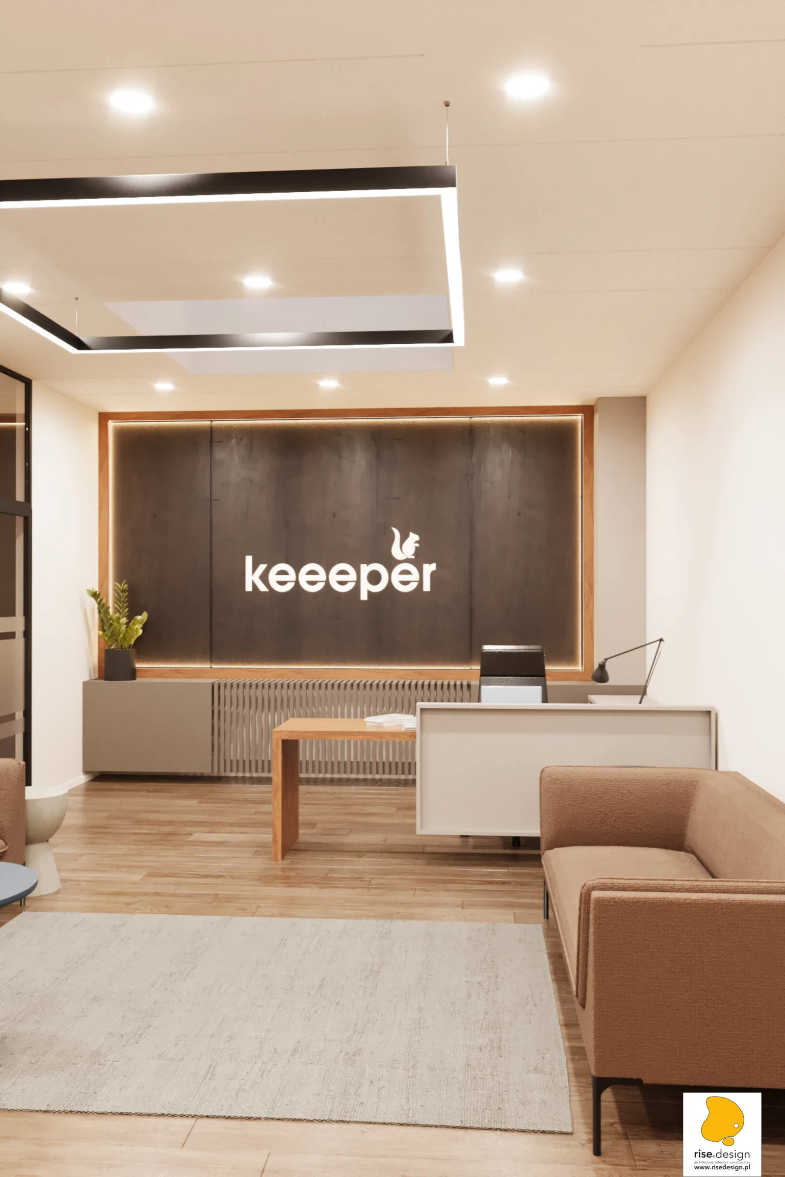 Glass-partitioned corridor render with jet-black aluminium framing, frosted privacy bands, warm timber flooring, and even downlighting creating corporate rhythm