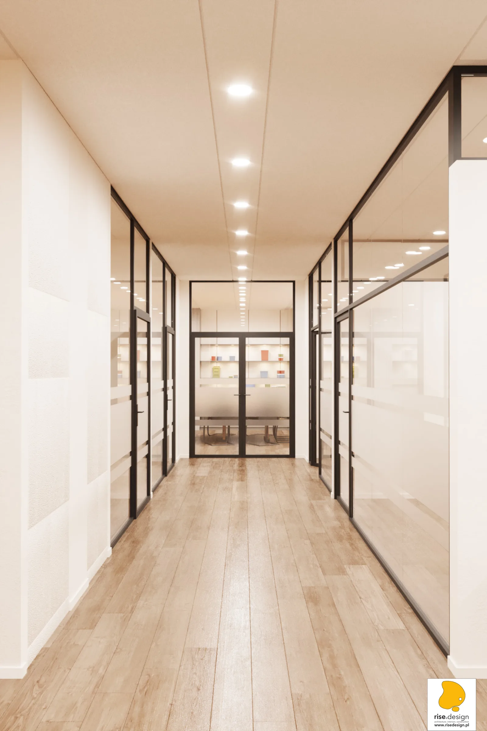 Secretariat workspace render with timber desks, mesh office chairs, linear suspended LED luminaires, glass partition to corridor, and warm wood flooring