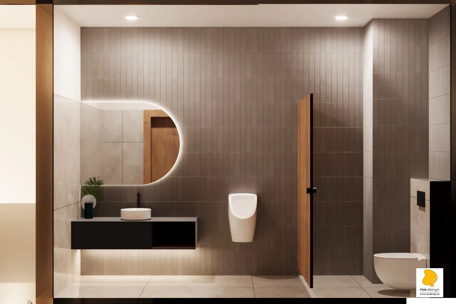 Ground floor staircase and lobby render with tiled steps, black metal railing, plant accents, wall sconce, and corporate signage in the arrival sequence