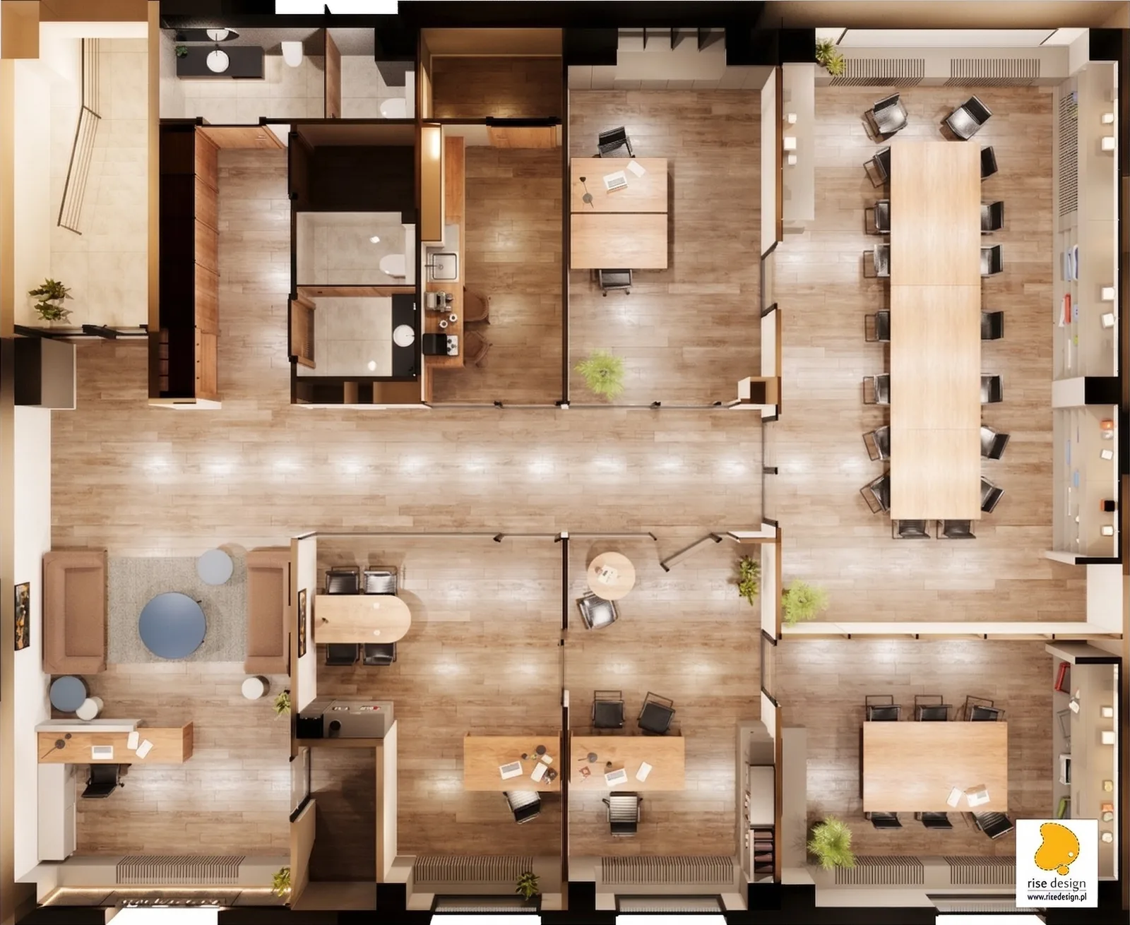 Rendered bird's-eye plan view showing full Level 1 office layout with reception, glass-partitioned offices, conference room, kitchenette, and corridor circulation