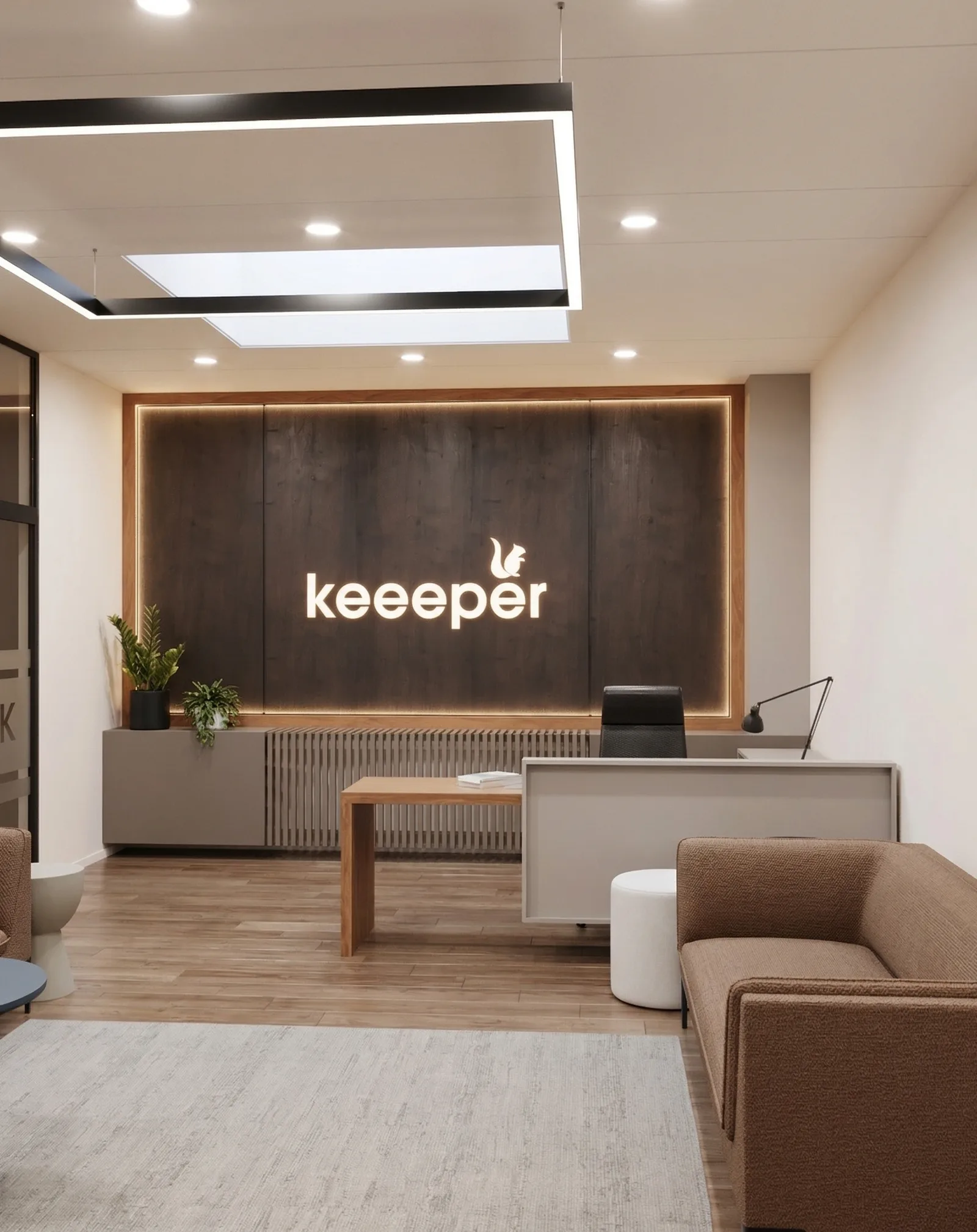 Vertical concept render showing warm wood-forward interior design direction with corporate brand wall and lounge furniture arrangement