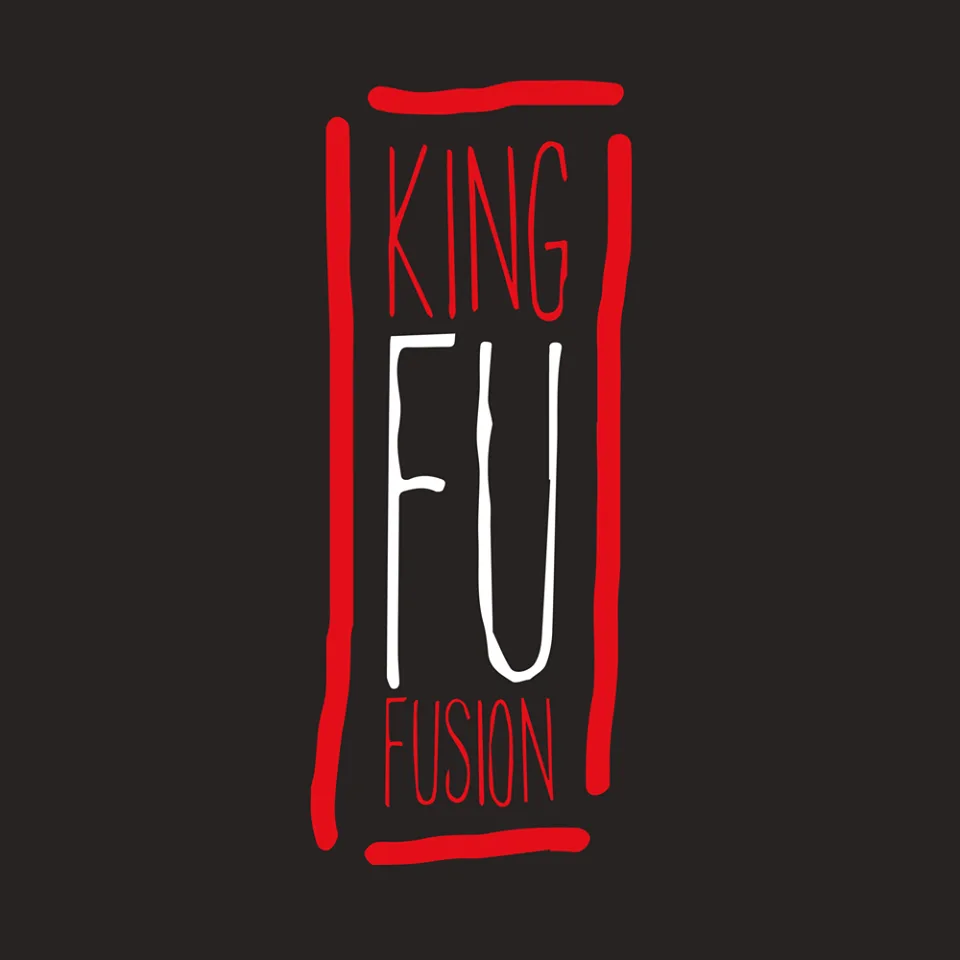 Detail: King Fu Fusion brand logo with red brush-stroke frame, white Fu lettering, King and Fusion in red on black background