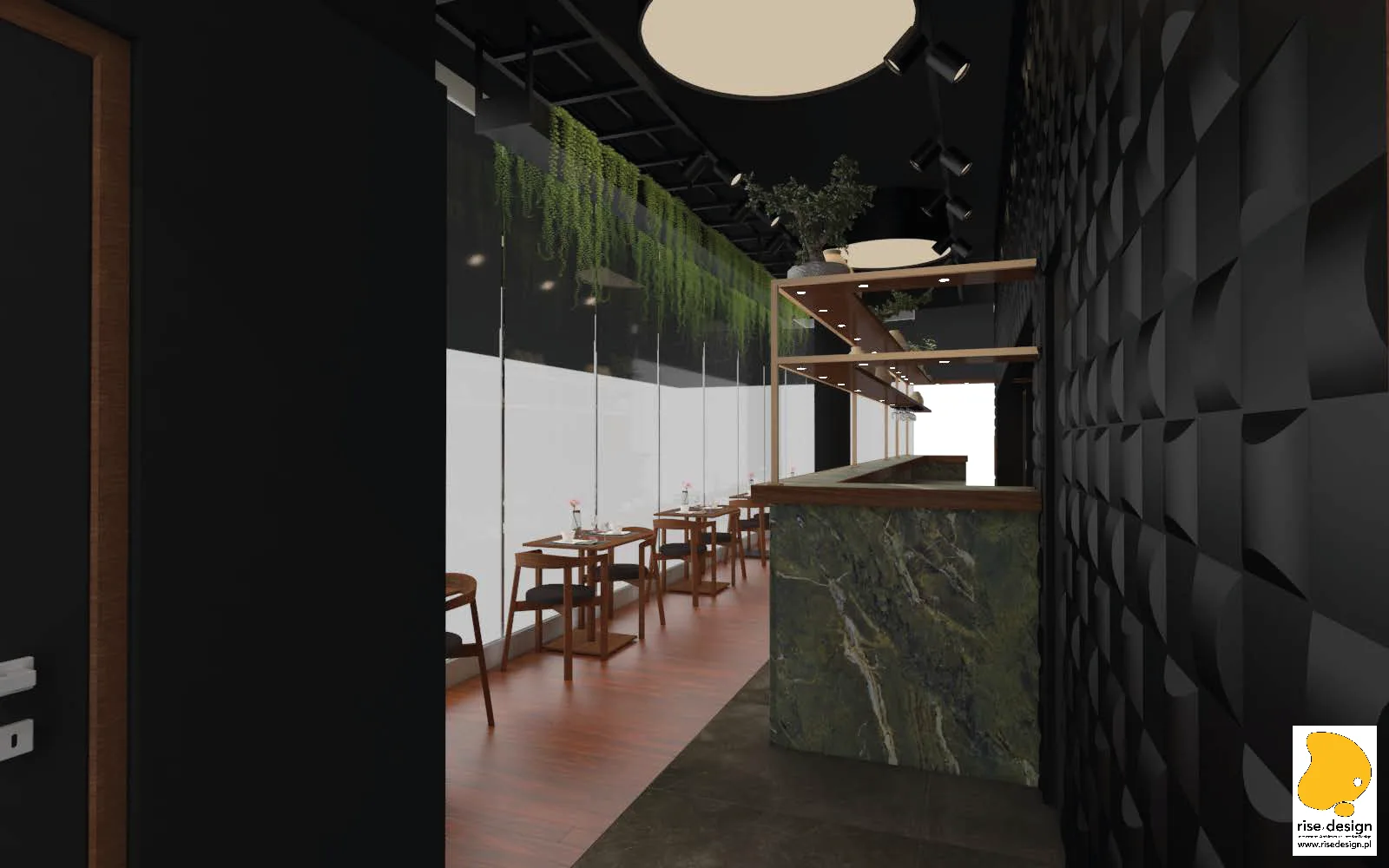 Detail: entrance perspective render showing walnut door trim, 3D Decus Bent sculptural wall texture, Verde Karzai marble bar end, cascading ceiling greenery along glass facade, and warm timber floor