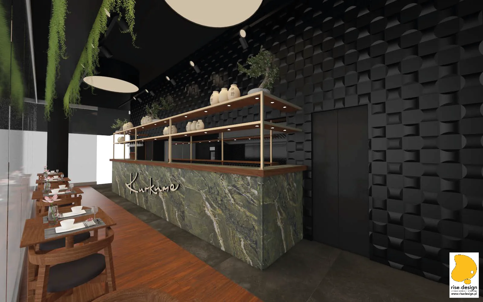 Interior: bar close-up render from dining side showing Verde Karzai marble face, walnut overhead shelf with LED-lit ceramics and bonsai, cascading greenery above, and black subway tile kitchen wall behind