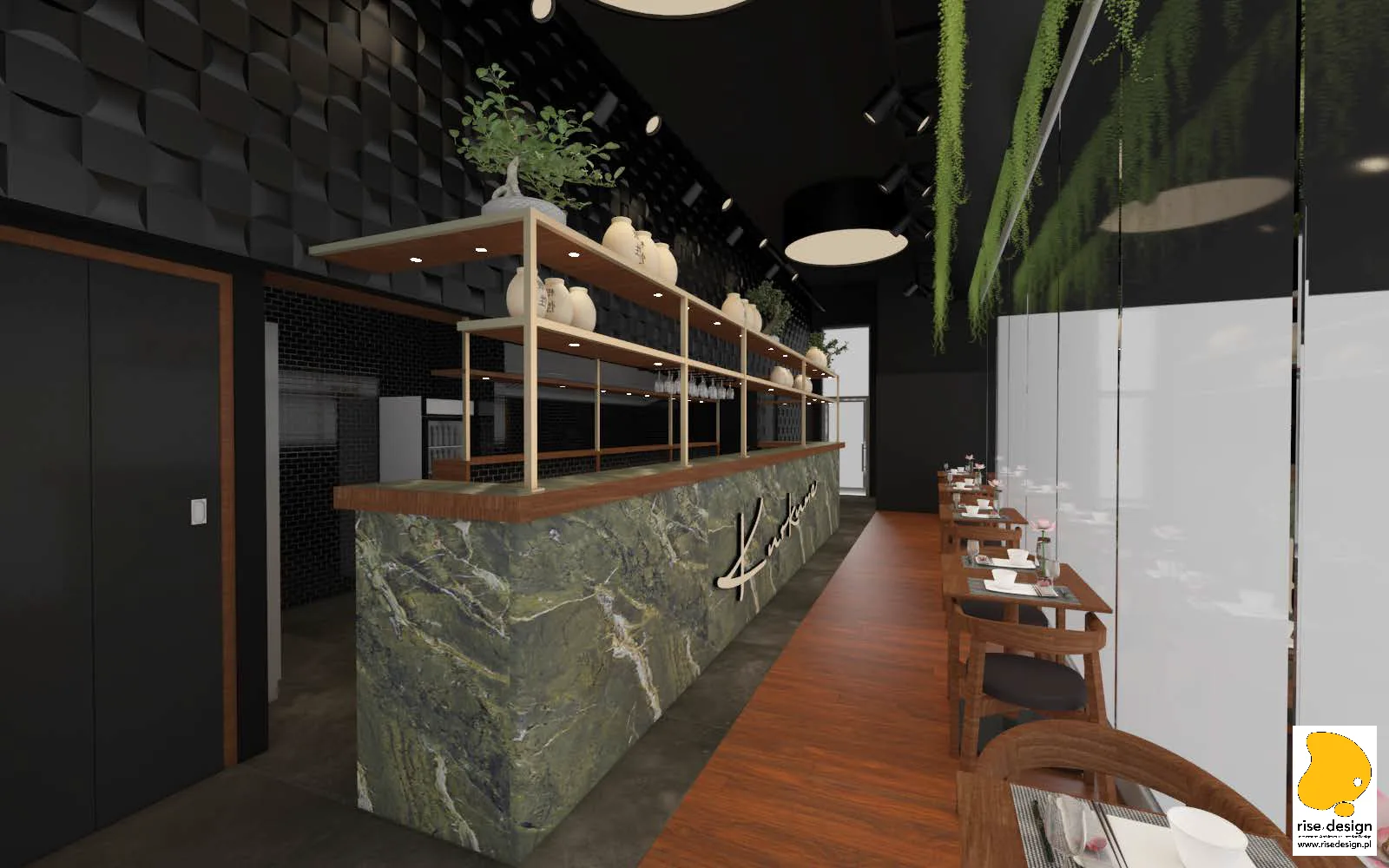 Interior: full spatial depth render from back of restaurant toward the glass facade showing Verde Karzai bar, walnut serving counter with display shelving, and 3D Decus Bent sculptural walls wrapping both sides