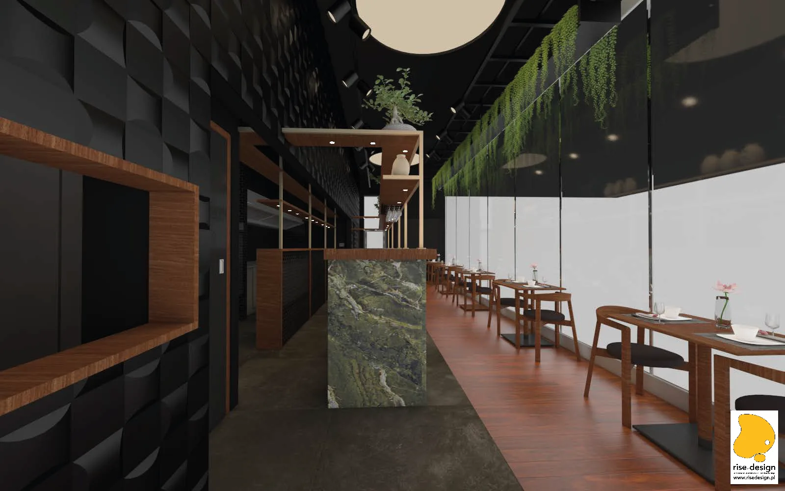 Interior: render from glass facade side showing the bar with Kurkuma neon script on Verde Karzai marble, 3D Decus Bent wall texture filling the right side, oversized disc pendant, and cascading ceiling greenery
