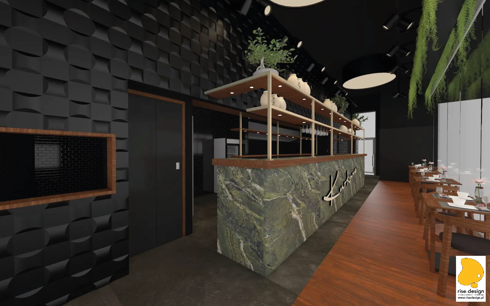 Interior: full bar render from entrance showing Verde Karzai marble face with Kurkuma script, walnut overhead display shelf with ceramics and wine glasses, 3D Decus Bent walls, and dining tables along the glass facade