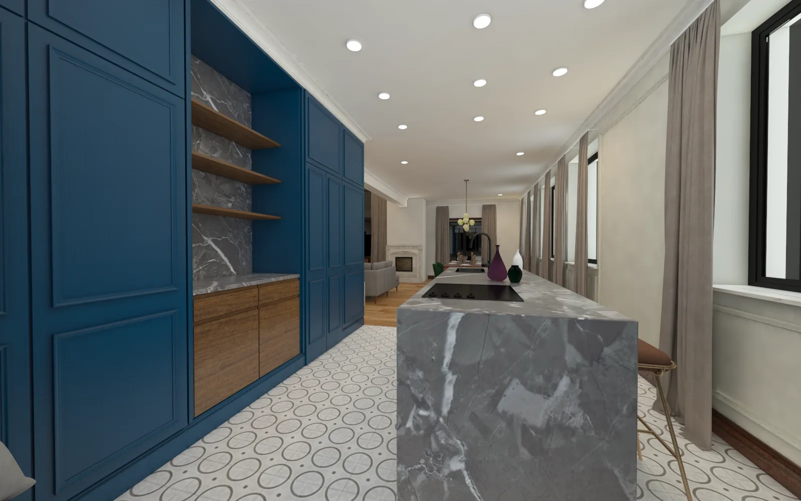 Interior: room render variant showing alternative lighting and material finish presentation for the private house interior