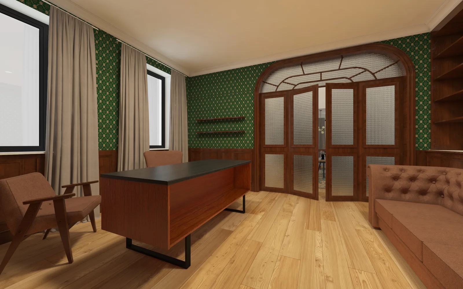Interior: kitchen close-up render showing grey cabinets with marble waterfall island countertop, open oak display shelving, geometric patterned floor tiles, and brass hardware accent details