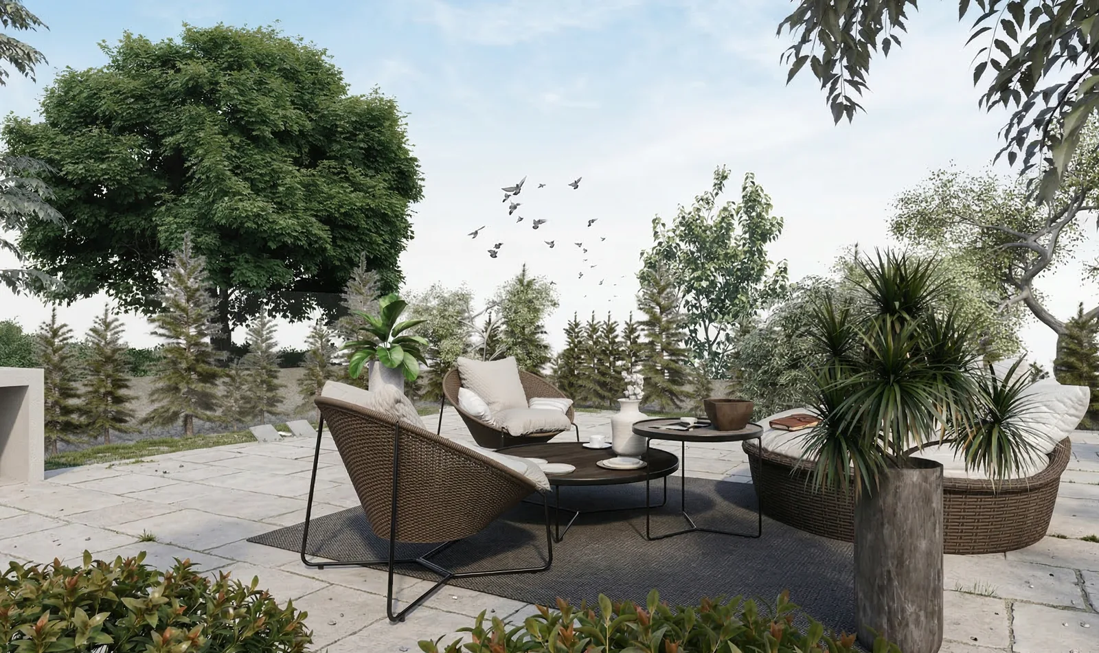 Terrace detail render showing material transition from quartzite stone base to timber decking with pool edge