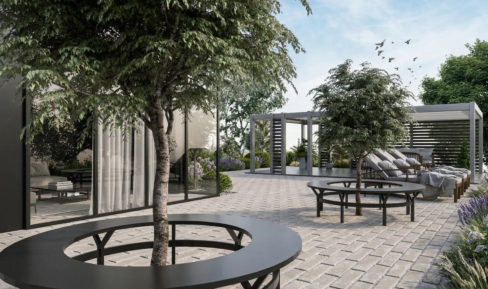 Evening render of the rear facade showing illuminated interior through full-height glazing with pool reflections
