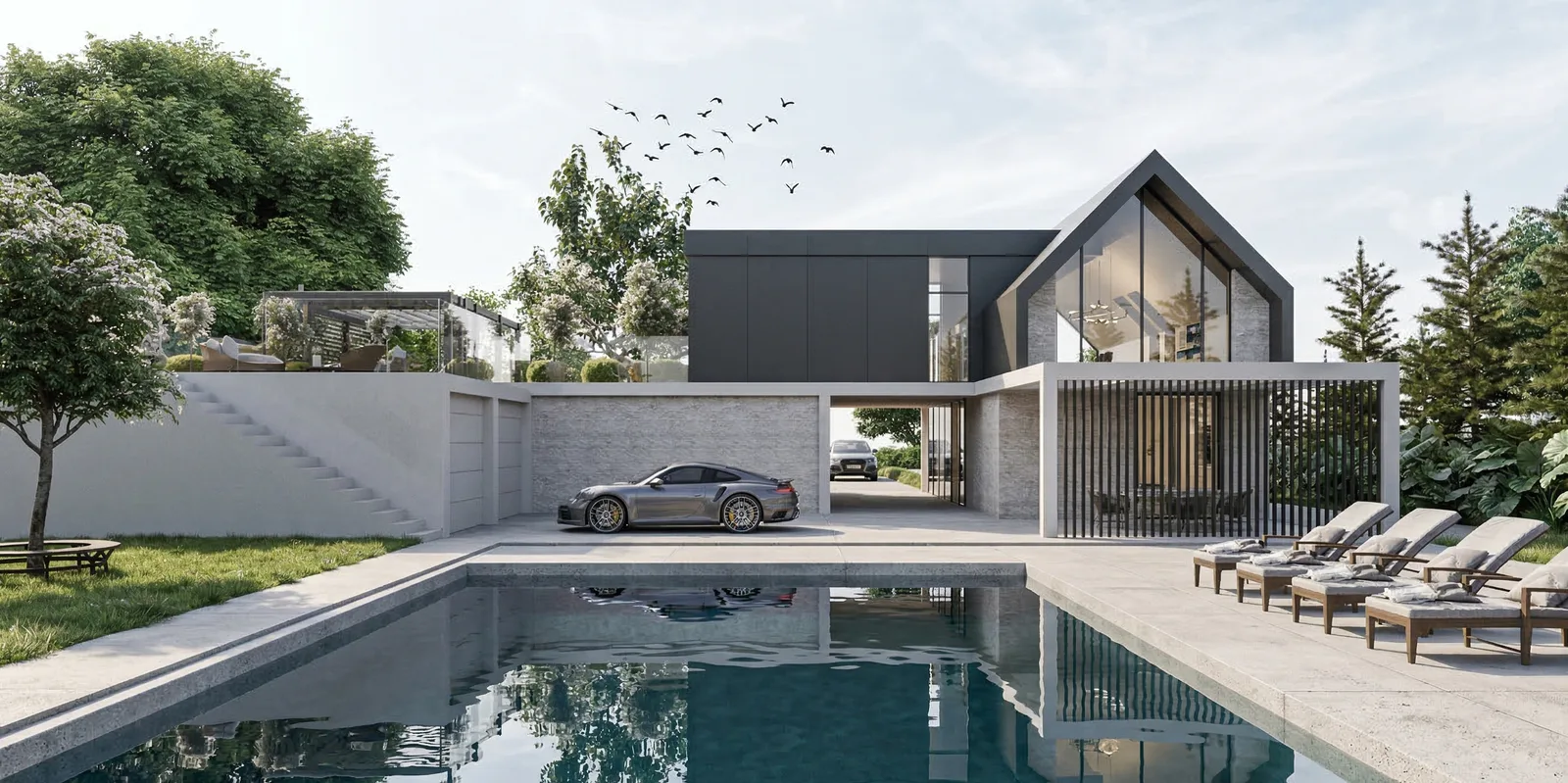 Front elevation render showing gable house with quartzite stone base, silicate plaster upper walls, and connected hangar structure