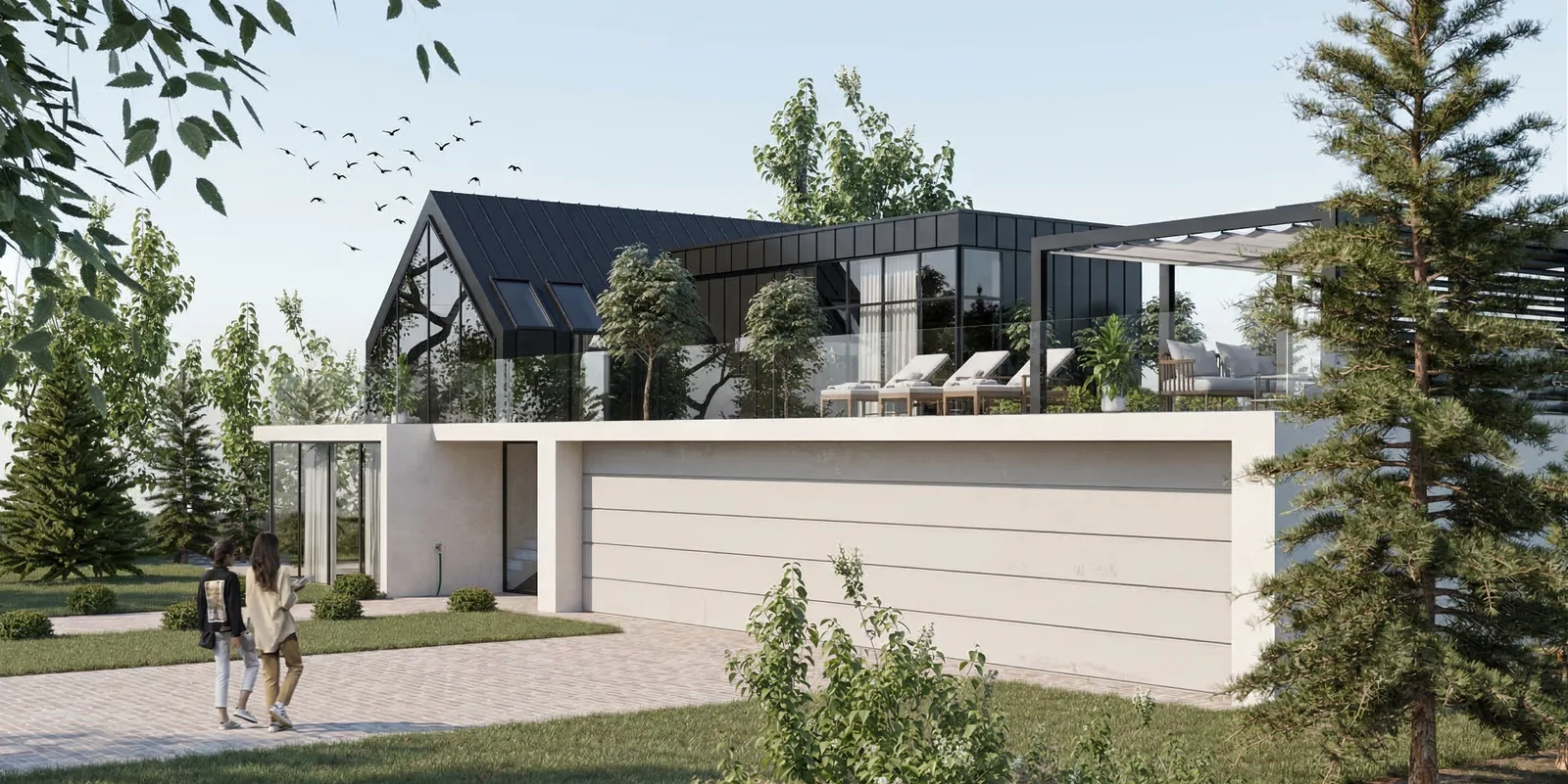 Aerial northeast render showing the full property with house, hangar, pool, and surrounding Pomeranian pine forest