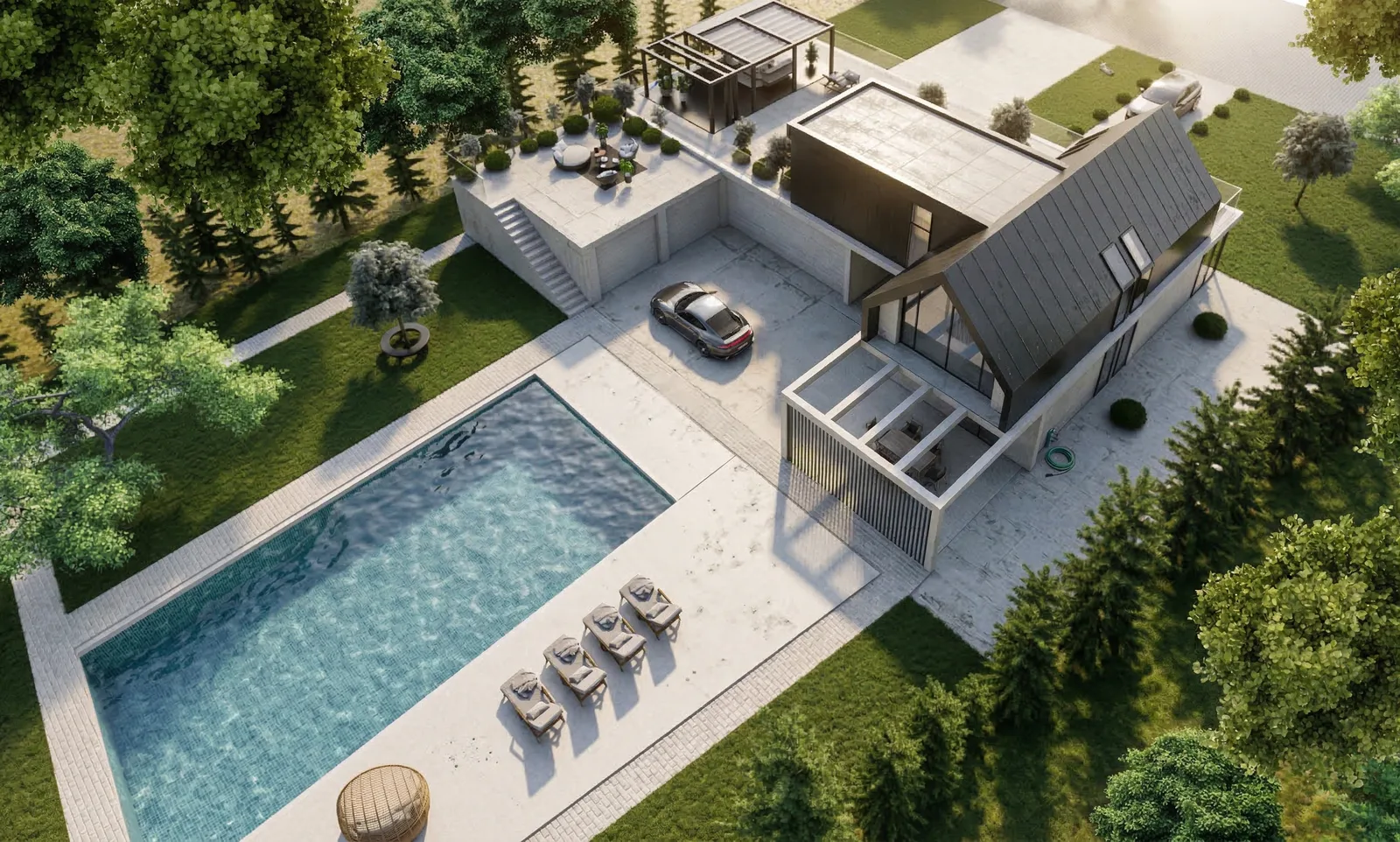 Pool-side render with vehicle under hangar overhang, infinity pool reflecting sky, and quartzite stone facade in afternoon light