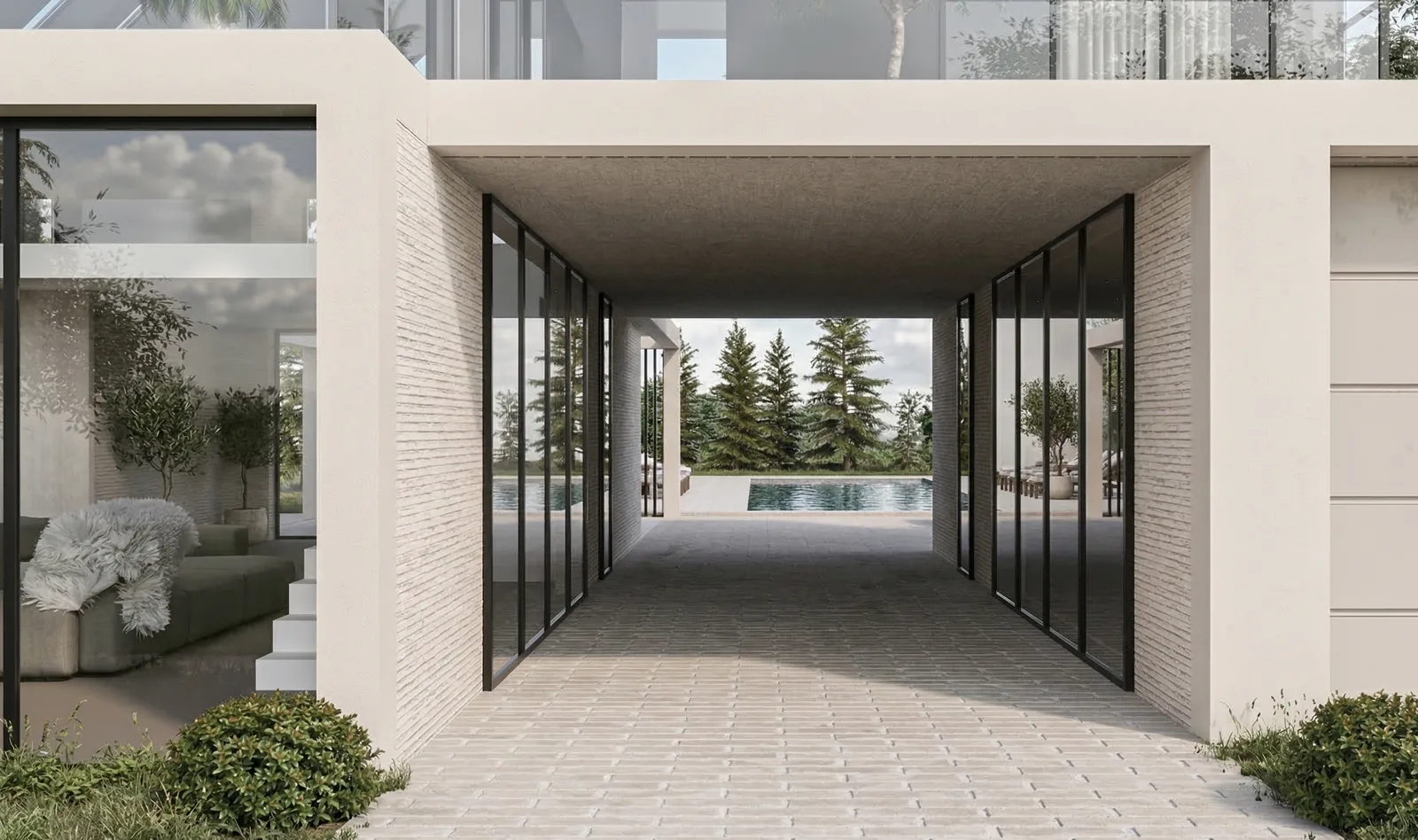 Front-side angle render showing rooftop terrace with glass balustrade, pergola structure, and dual-volume building composition