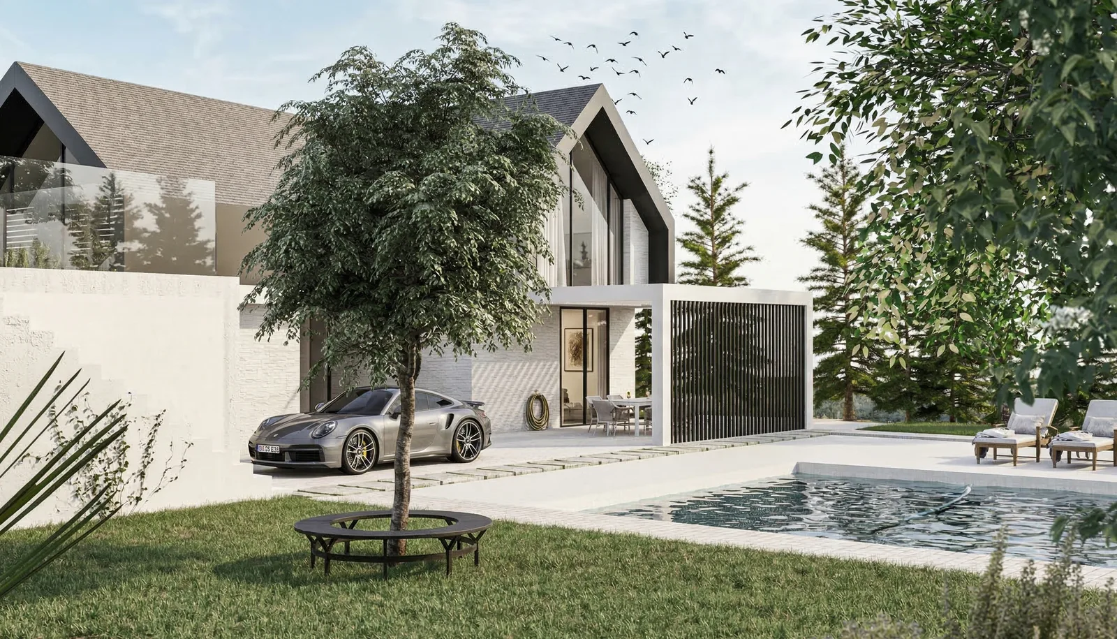 Entrance approach render showing the property from the airfield side with hangar access and residential entry sequence