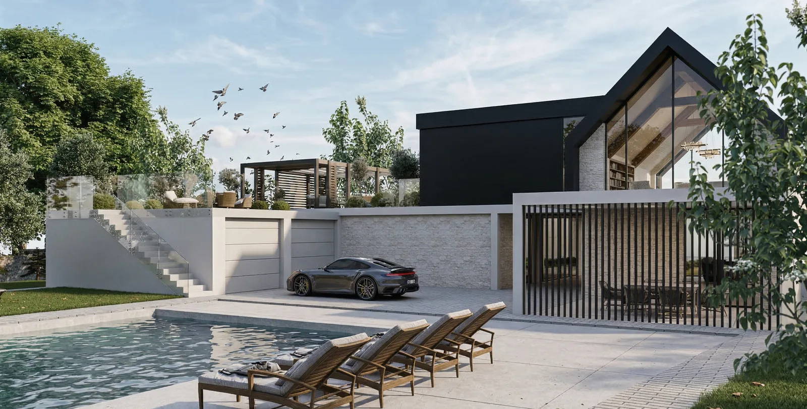 Exterior render of the rear pool composition showing full property with infinity pool, quartzite stone base, and gable glass facade at dusk