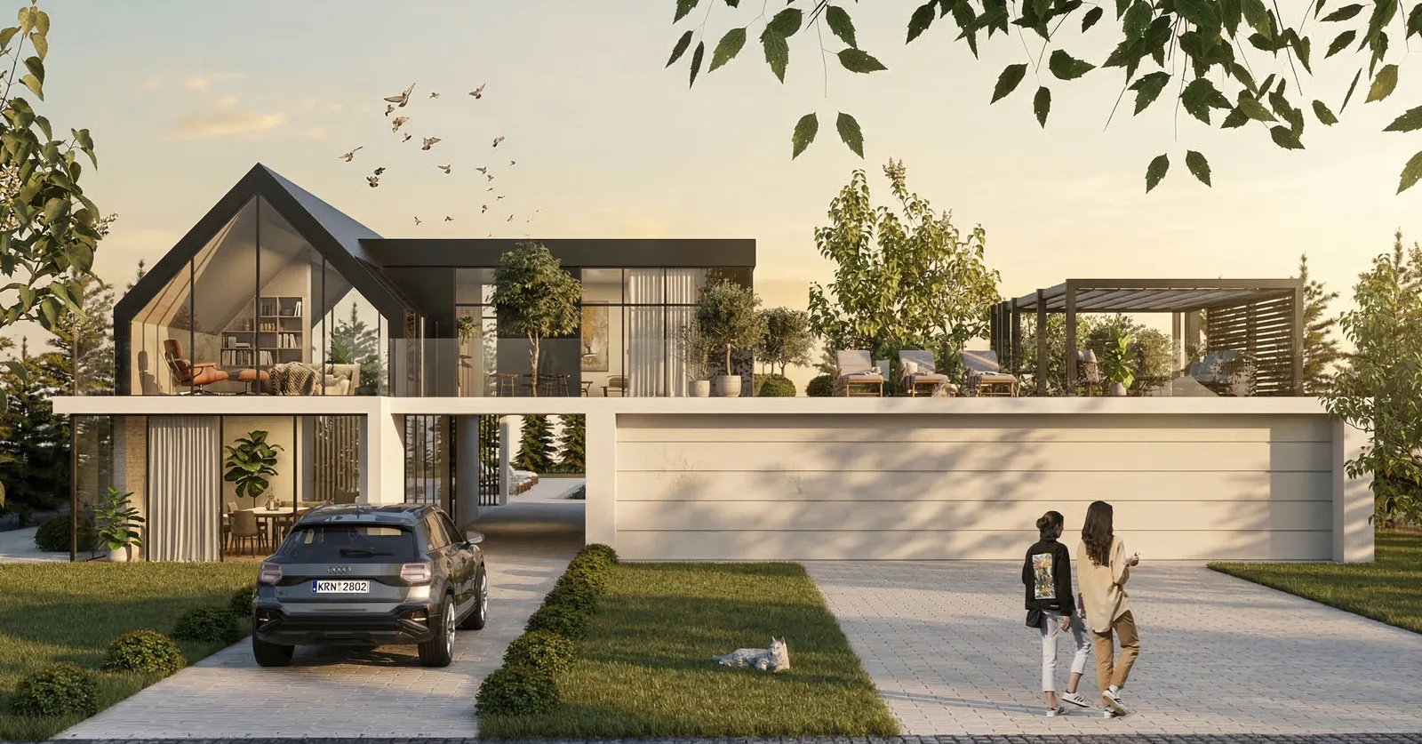 Full-height glass gable facade render with quartzite stone base illuminated at golden hour revealing the double-height living space