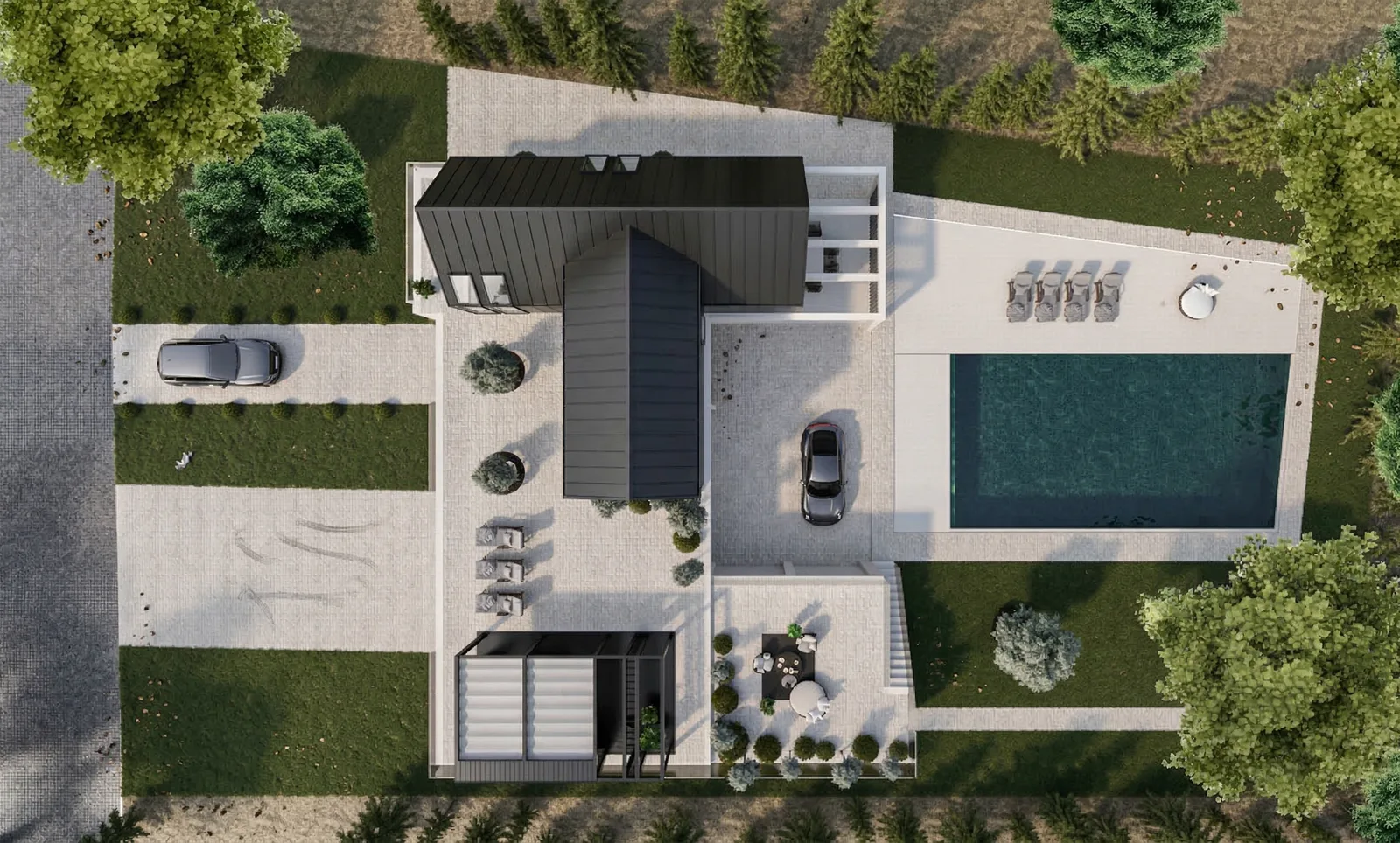 Side elevation render showing the steep gable volume with standing seam metal roof alongside the flat-roofed hangar wing