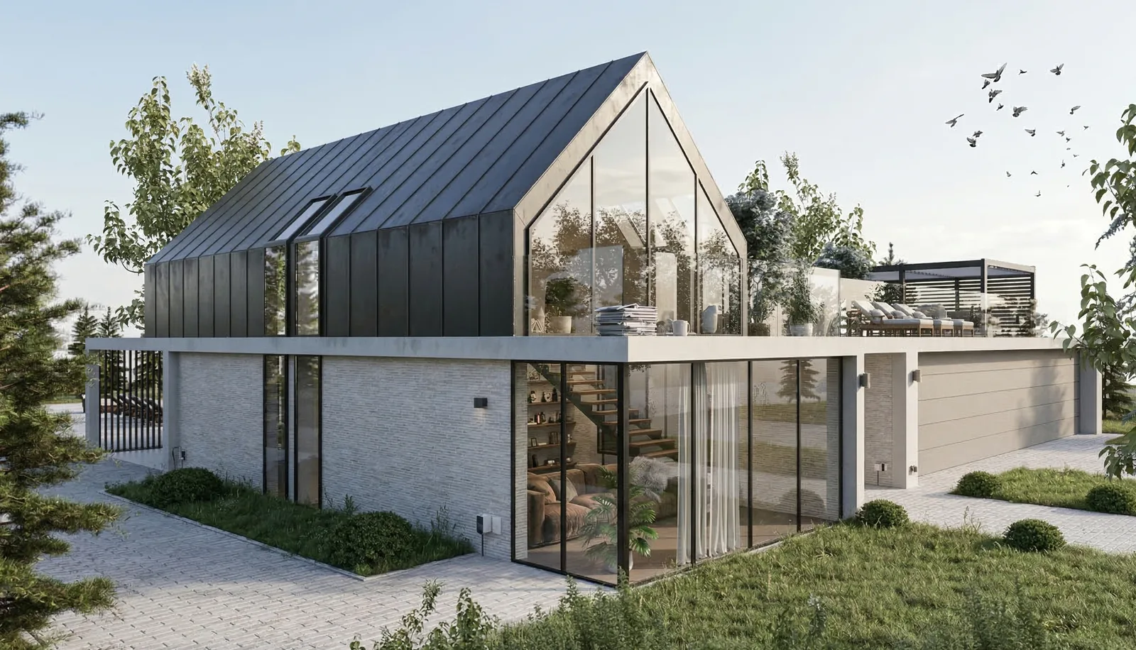 Elevated perspective render of the dual-volume composition showing residential gable and hangar wing connected by glazed corridor