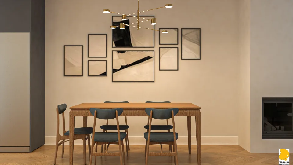 Interior: entrance hall render with custom grey storage unit, hexagonal floor tiles transitioning to oak herringbone, coat hooks above bench, and spatial view through to kitchen island beyond