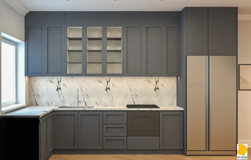 Interior: kitchen render with white upper cabinets, oak lower cabinetry, Ariostea marble-effect waterfall countertop, integrated appliance zone, and geometric patterned backsplash tiles