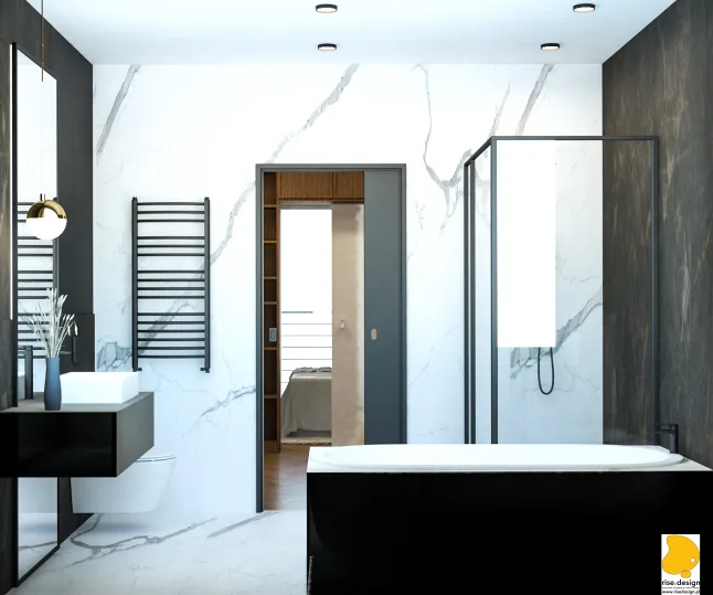 Interior: general bathroom render with terrazzo 60x60 floor tiles, small format wall tiles in grid pattern, bathtub with black-frame glass screen, and LED-backlit vanity mirror niche