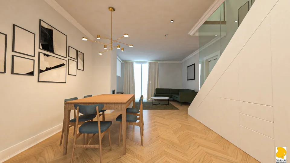Interior: open-plan dining and living room render with oak herringbone flooring, brass sputnik chandelier over dining table, ARKOR glass staircase balustrade, and black-and-white gallery wall composition
