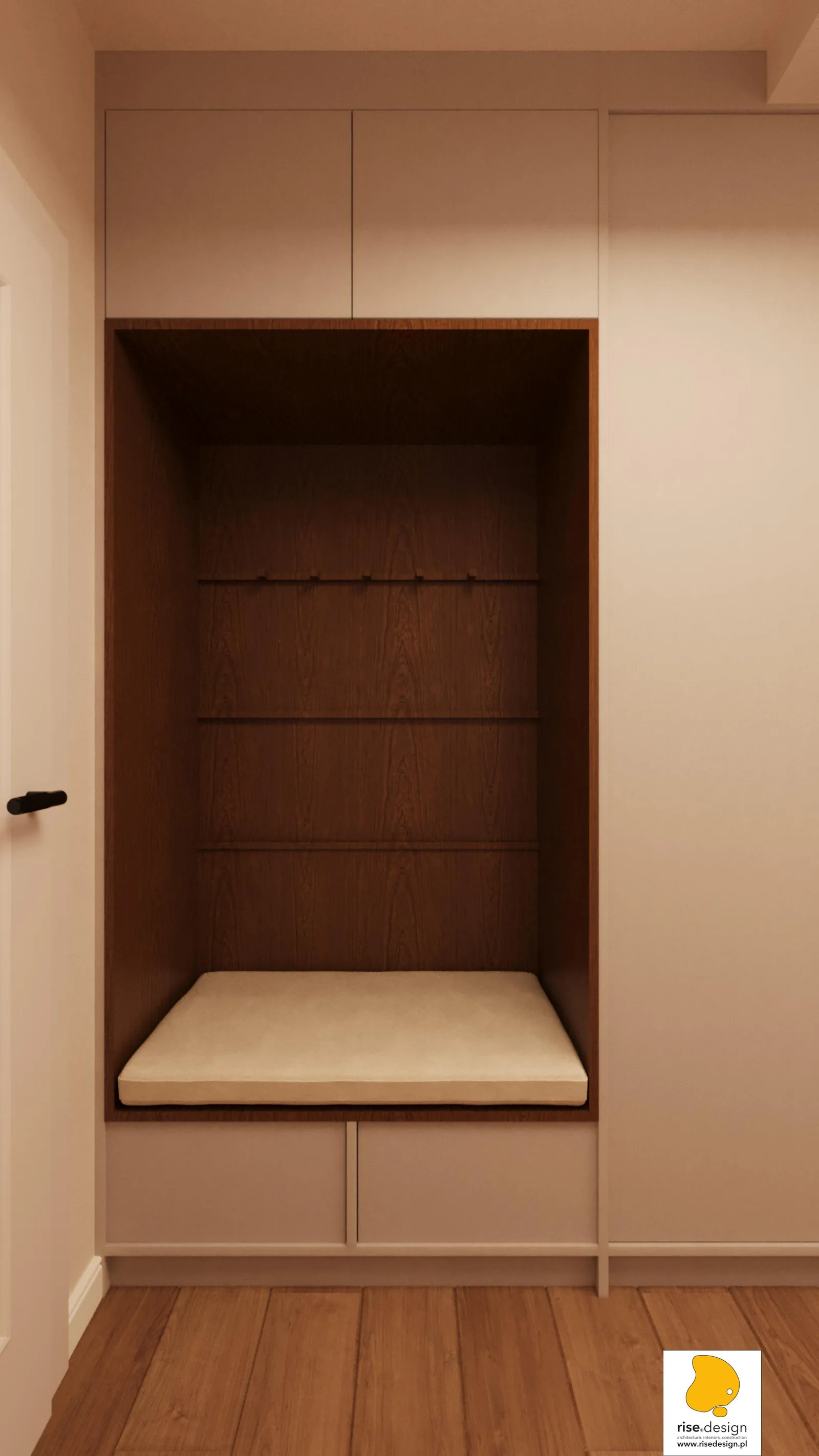 Detail: hallway storage with walnut wardrobe doors, integrated mirror panel in aluminium frame, coat hooks, and recessed bench seat with storage below