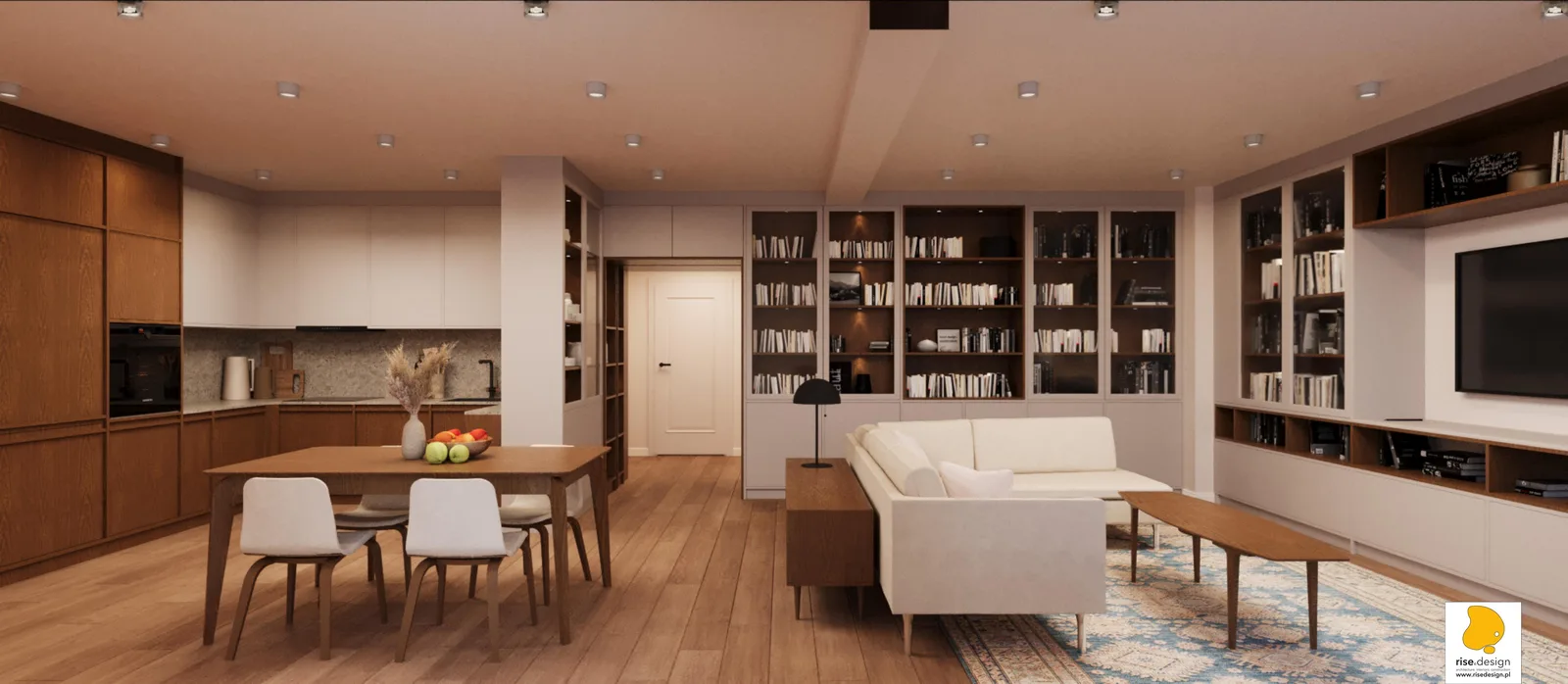 Hero: open-plan living and dining with Dab Elegance oak flooring, walnut bookcase wall, cream L-sofa, dining table, and integrated warm spotlighting
